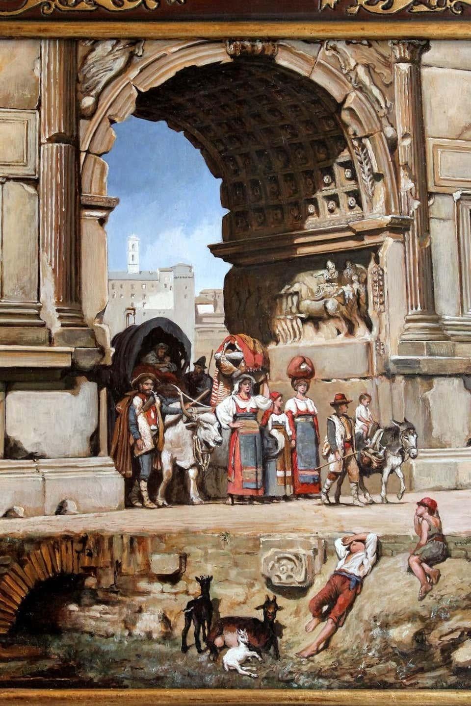 Italian Realist Style Oil on Wood Panel Painting with Classical Roman Ruins View - Brown Figurative Painting by Unknown
