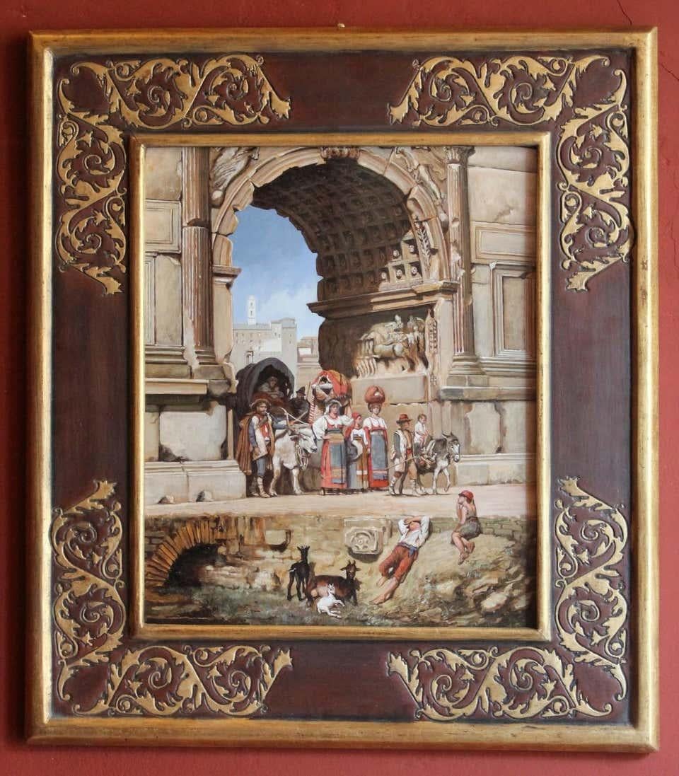 Italian Realist Style Oil on Wood Panel Painting with Classical Roman Ruins View 1