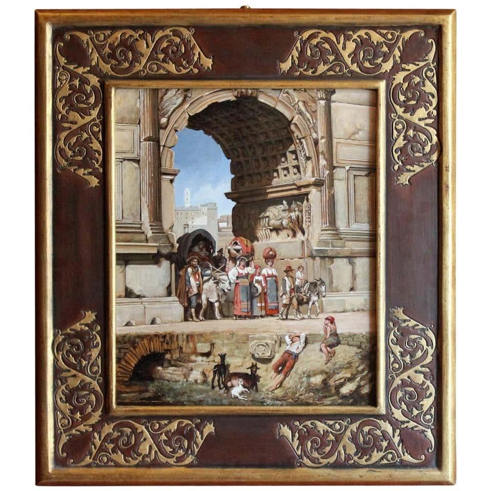 Unknown Figurative Painting - Italian Realist Style Oil on Wood Panel Painting with Classical Roman Ruins View