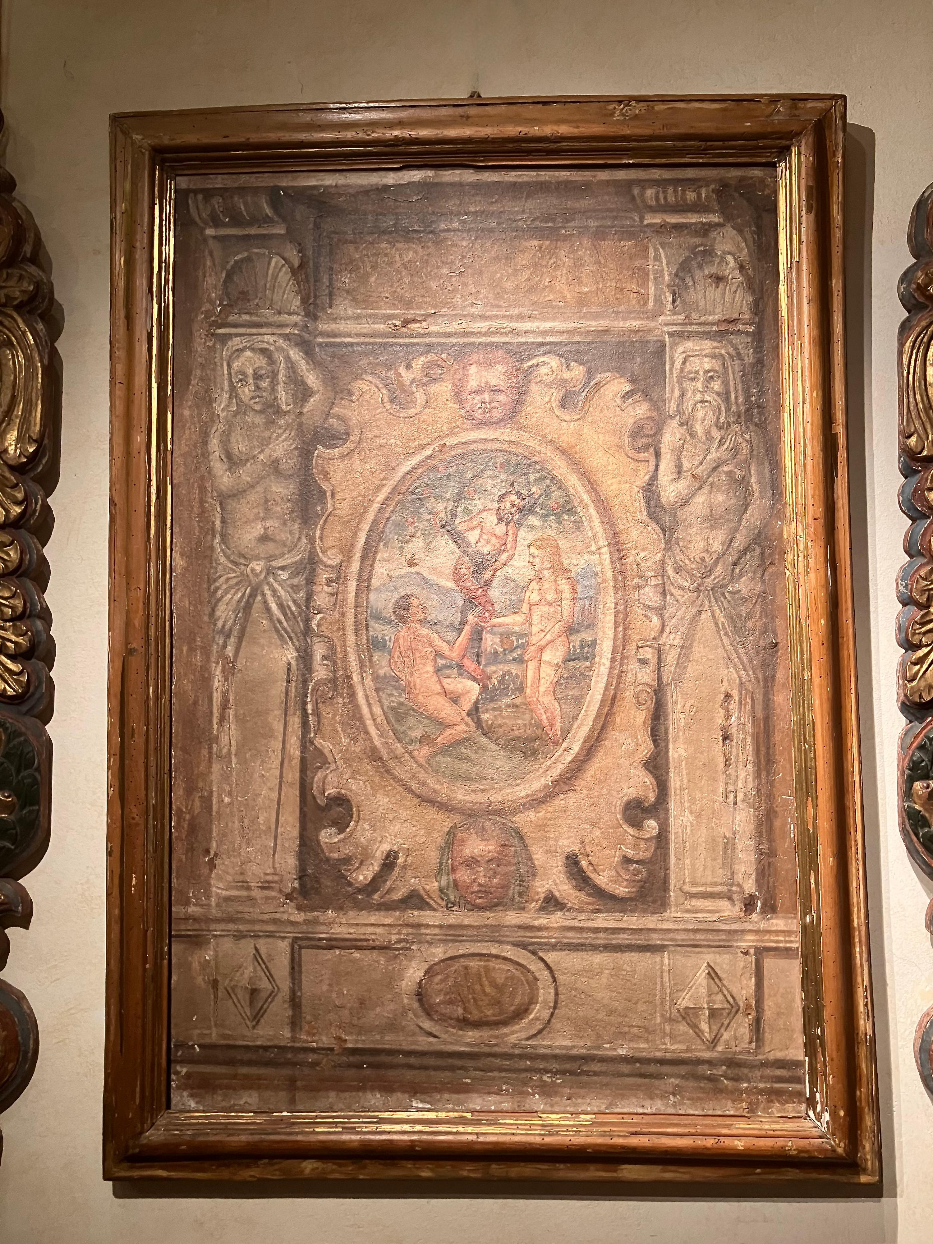 Italian Renaissance Egg Tempera Fresco on Canvas, The Temptation of Adam and Eve 1