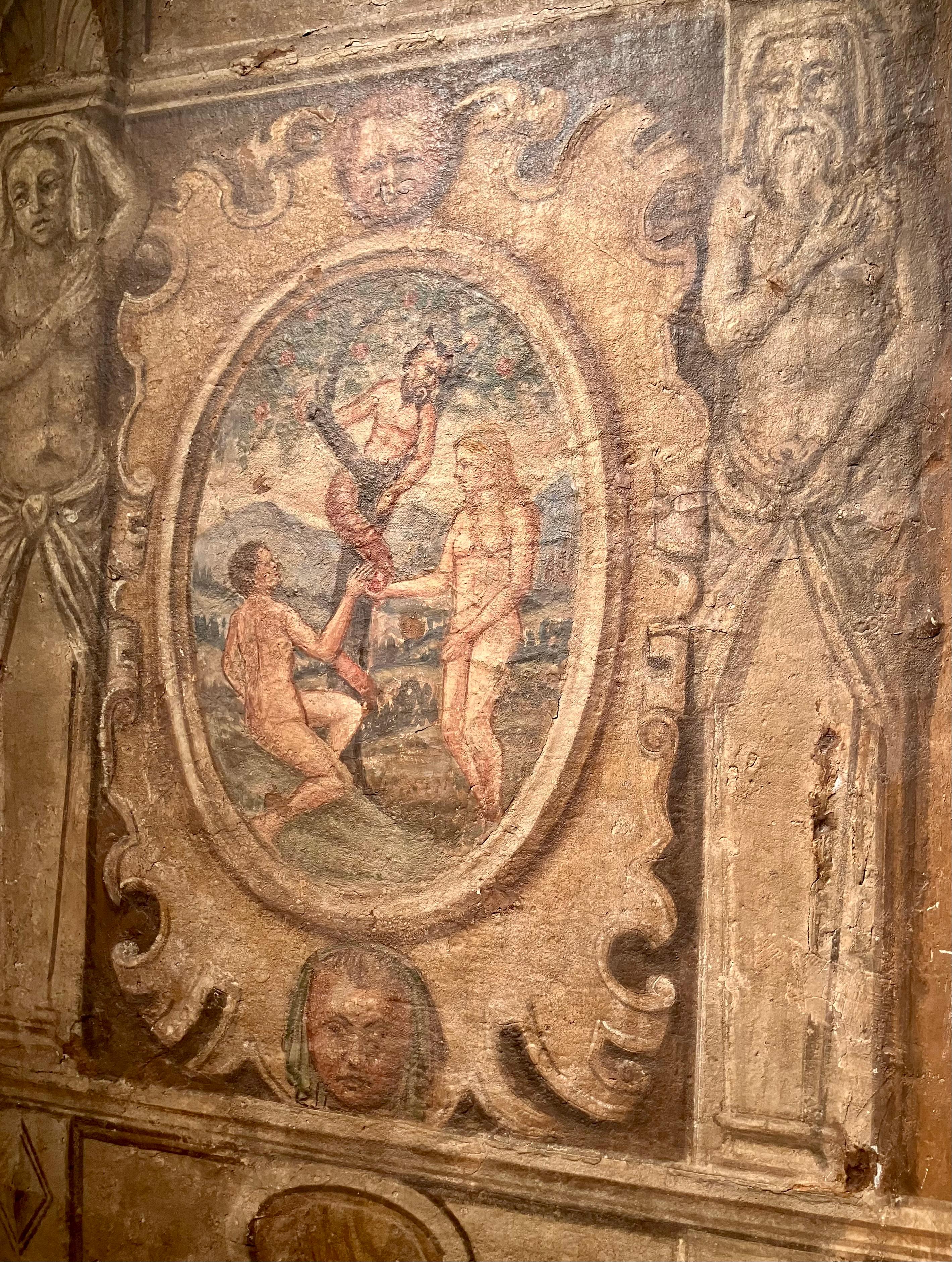 Italian Renaissance Egg Tempera Fresco on Canvas, The Temptation of Adam and Eve 2