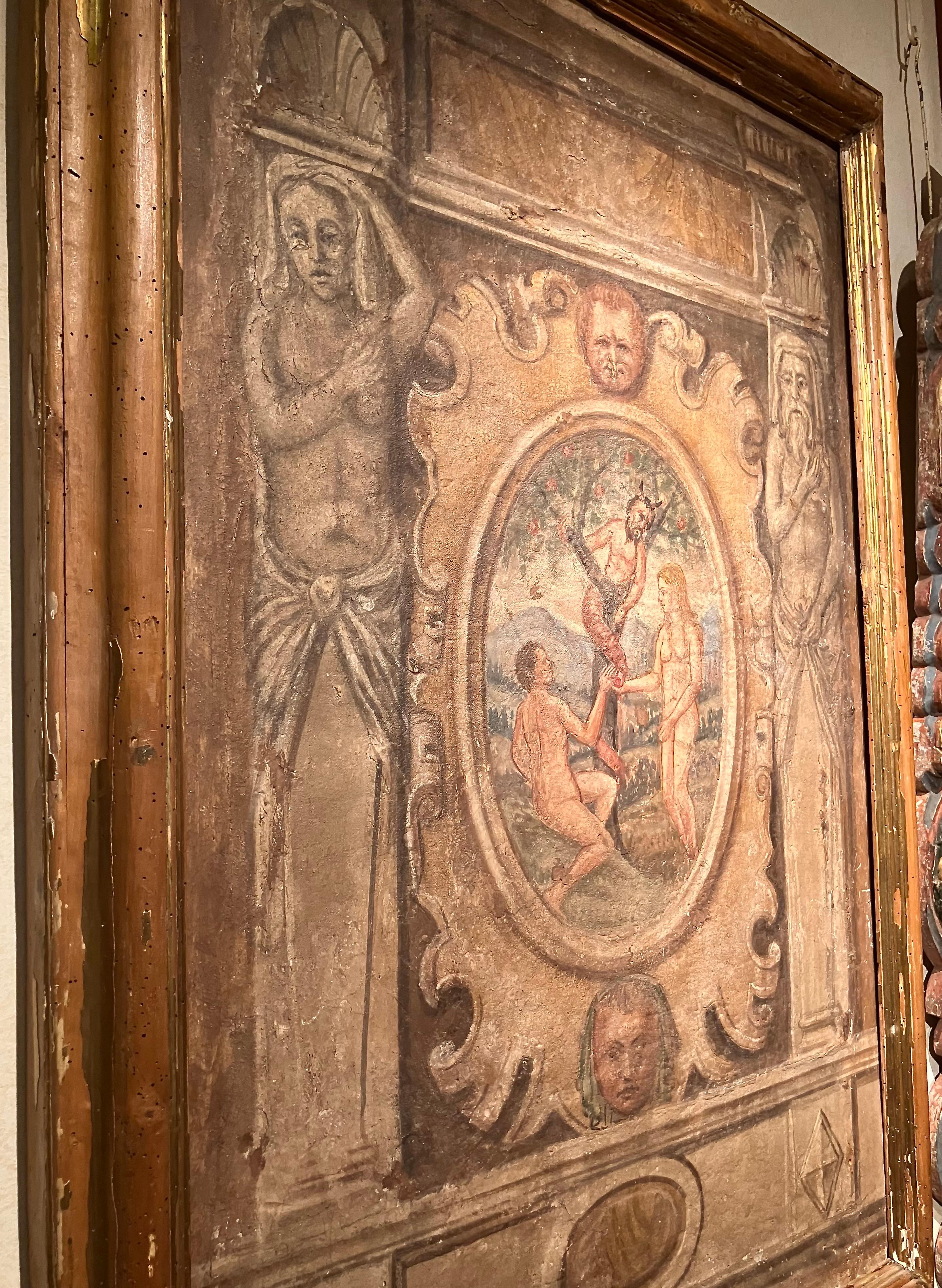 Italian Renaissance Egg Tempera Fresco on Canvas, The Temptation of Adam and Eve 3