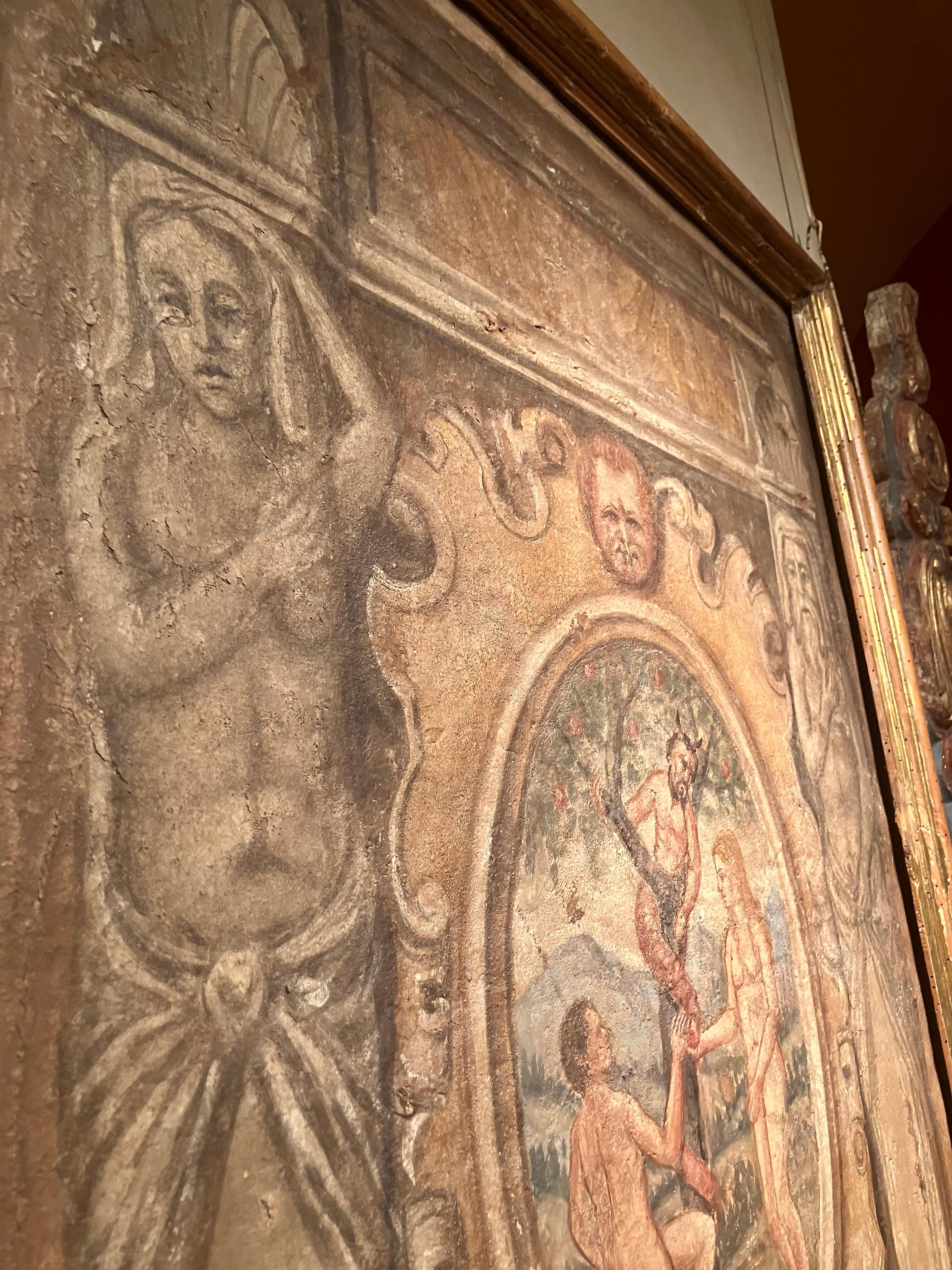 Italian Renaissance Egg Tempera Fresco on Canvas, The Temptation of Adam and Eve 4