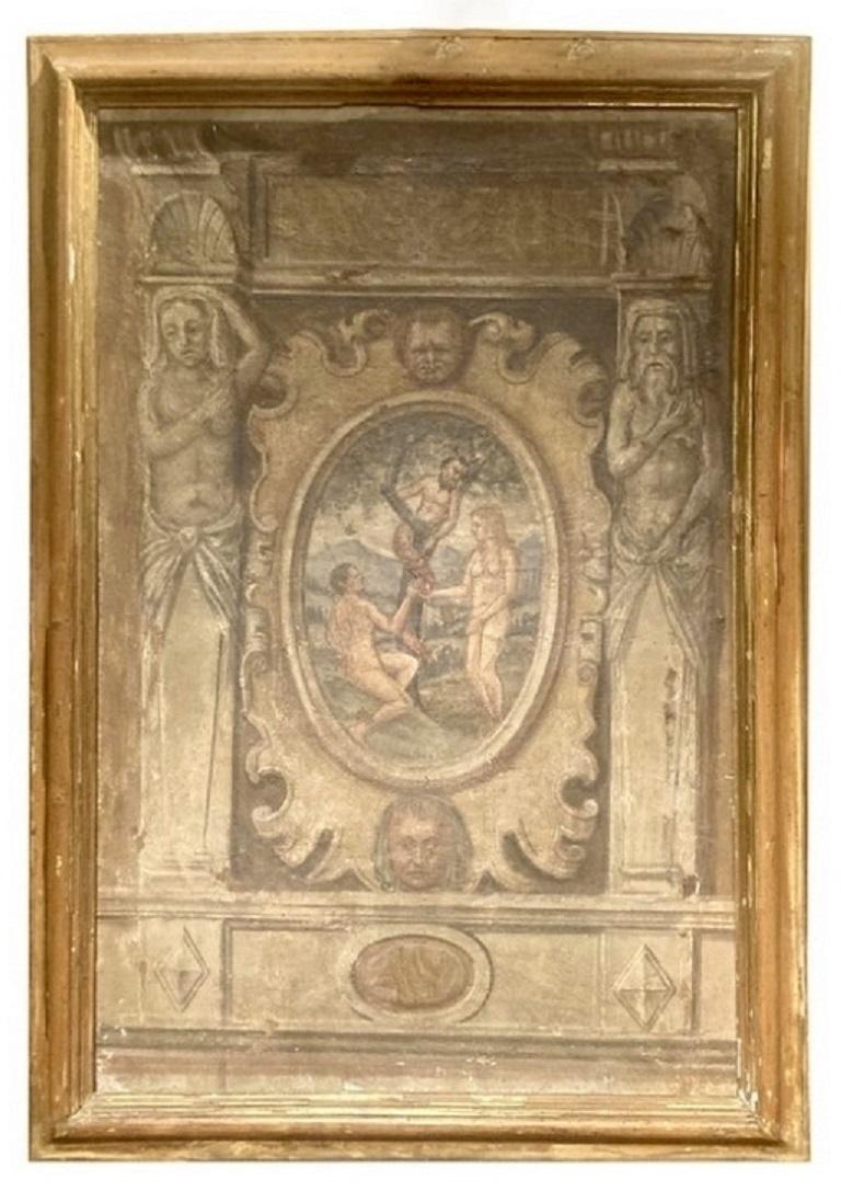 Italienische Renaissance-Eier Tempera Fresco auf Leinwand, Die Zwangsarbeit von Adam und Eva – Mixed Media Art von Unknown