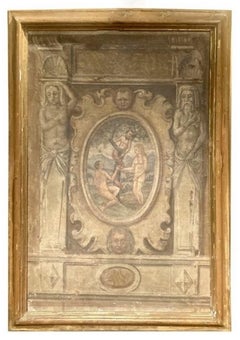 Antique Italian Renaissance Egg Tempera Fresco on Canvas, The Temptation of Adam and Eve