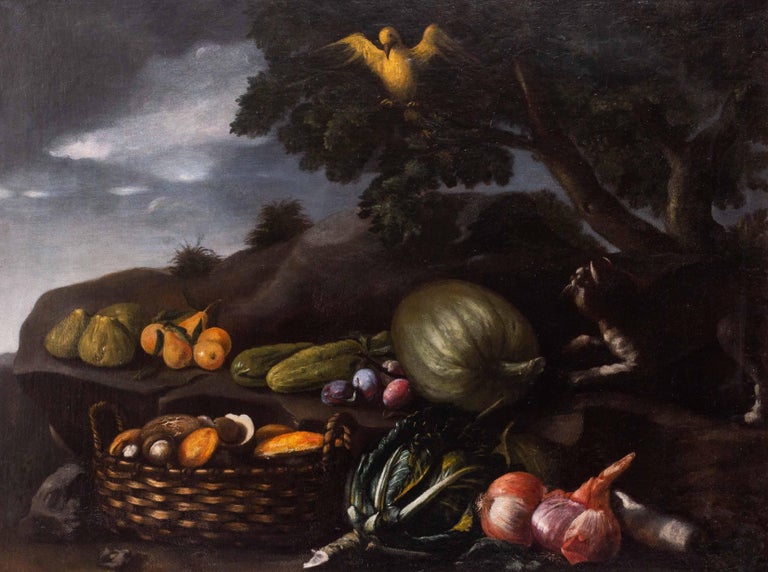 Unknown - Italian School, 17th Century, A large still life with a cat and  and canary For Sale at 1stDibs