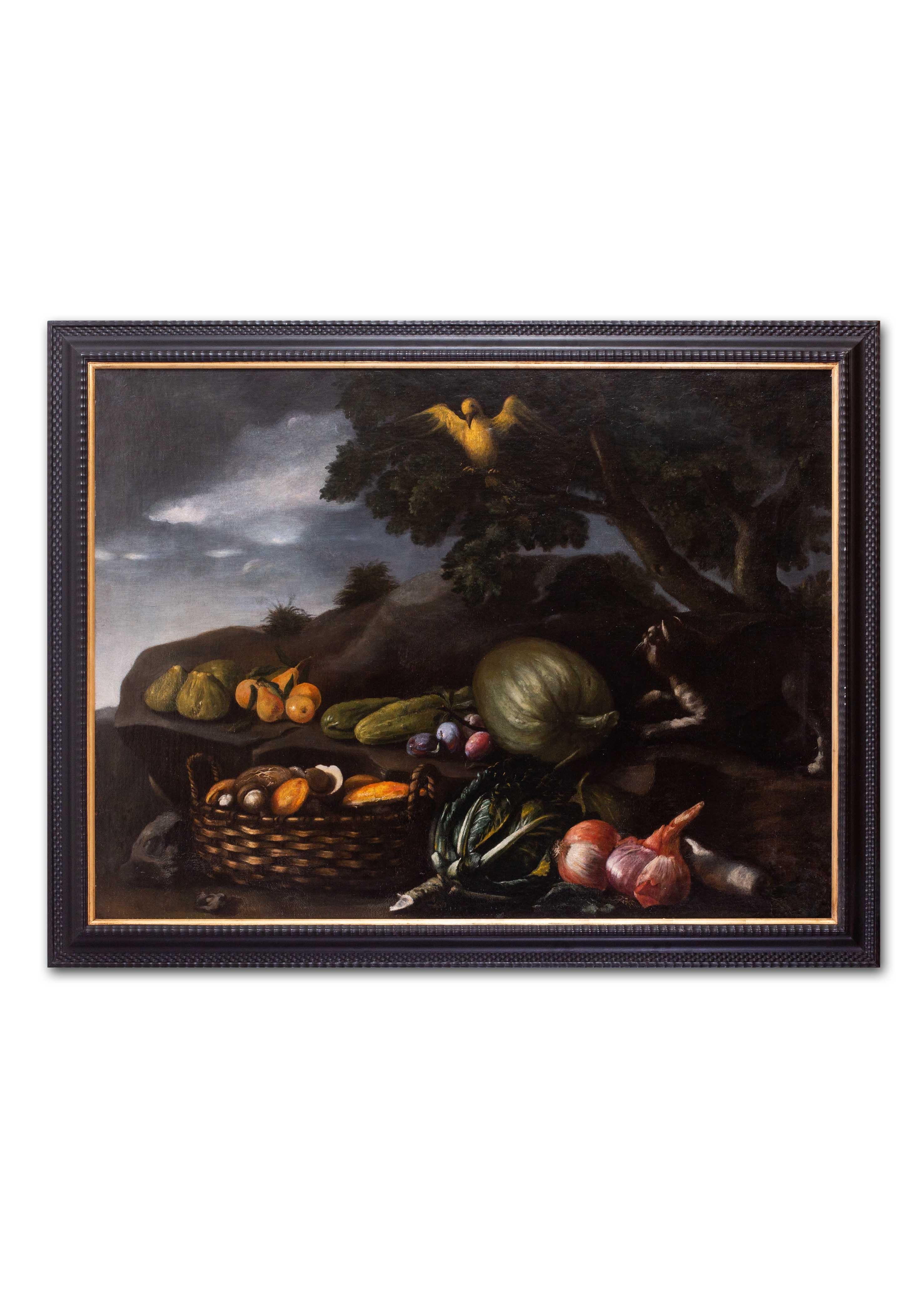 Large Italian School, 17th C Old Master still life with a cat and and canary - Black Still-Life Painting by Unknown