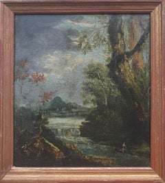 École italienne 17e paysage classique rivière forêt 