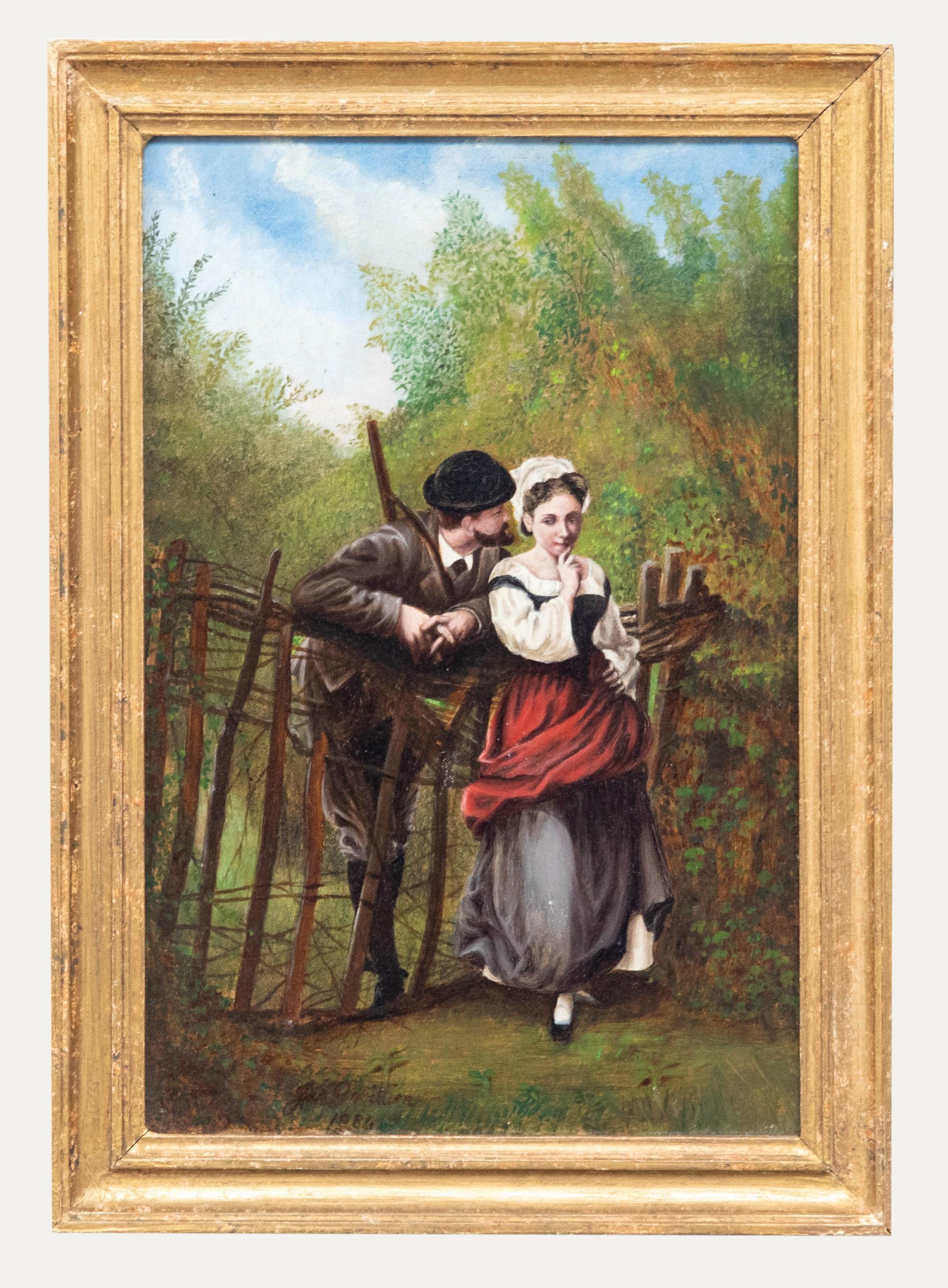 Portrait Painting Unknown - École italienne  Huile - Lovers at the Gate, 1886