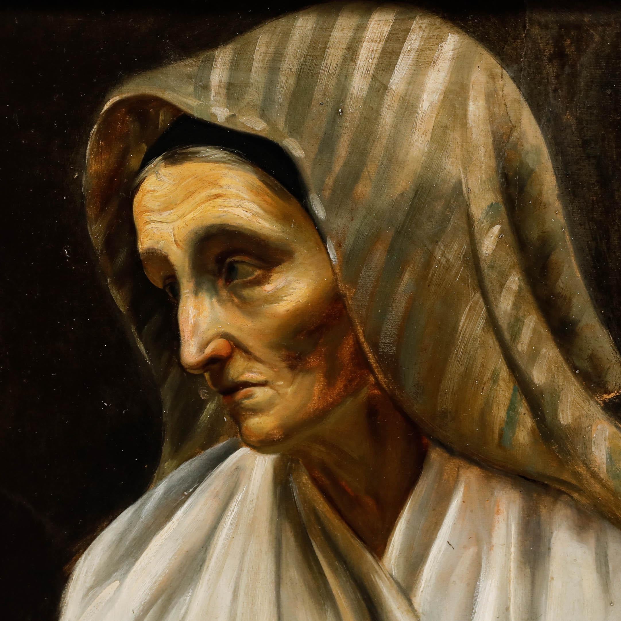 Italian School 19th Century Oil - Lady in a Striped Head Scarf For Sale 1