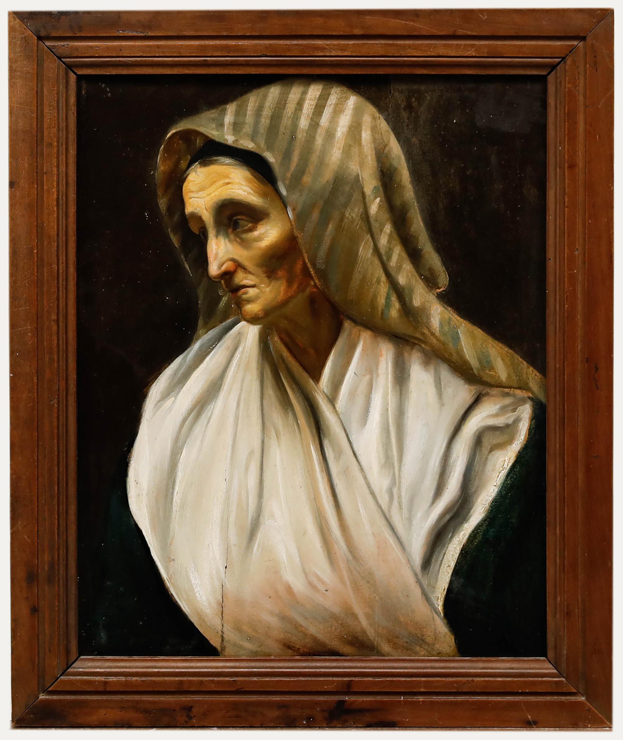 Unknown Portrait Painting - Italian School 19th Century Oil - Lady in a Striped Head Scarf