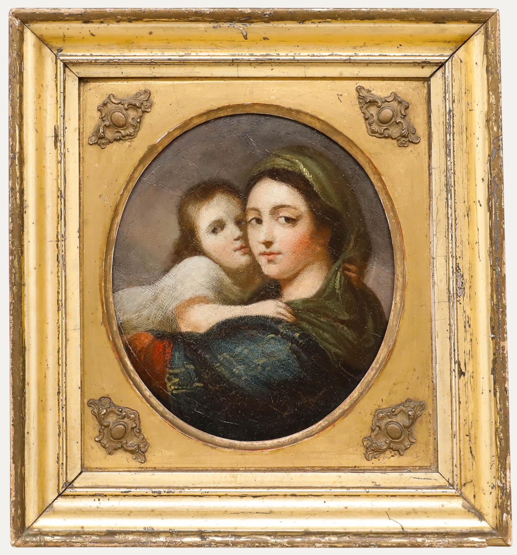 Óleo de la escuela italiana del siglo XIX - Madre e hijo