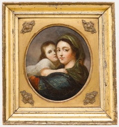 Óleo de la escuela italiana del siglo XIX - Madre e hijo