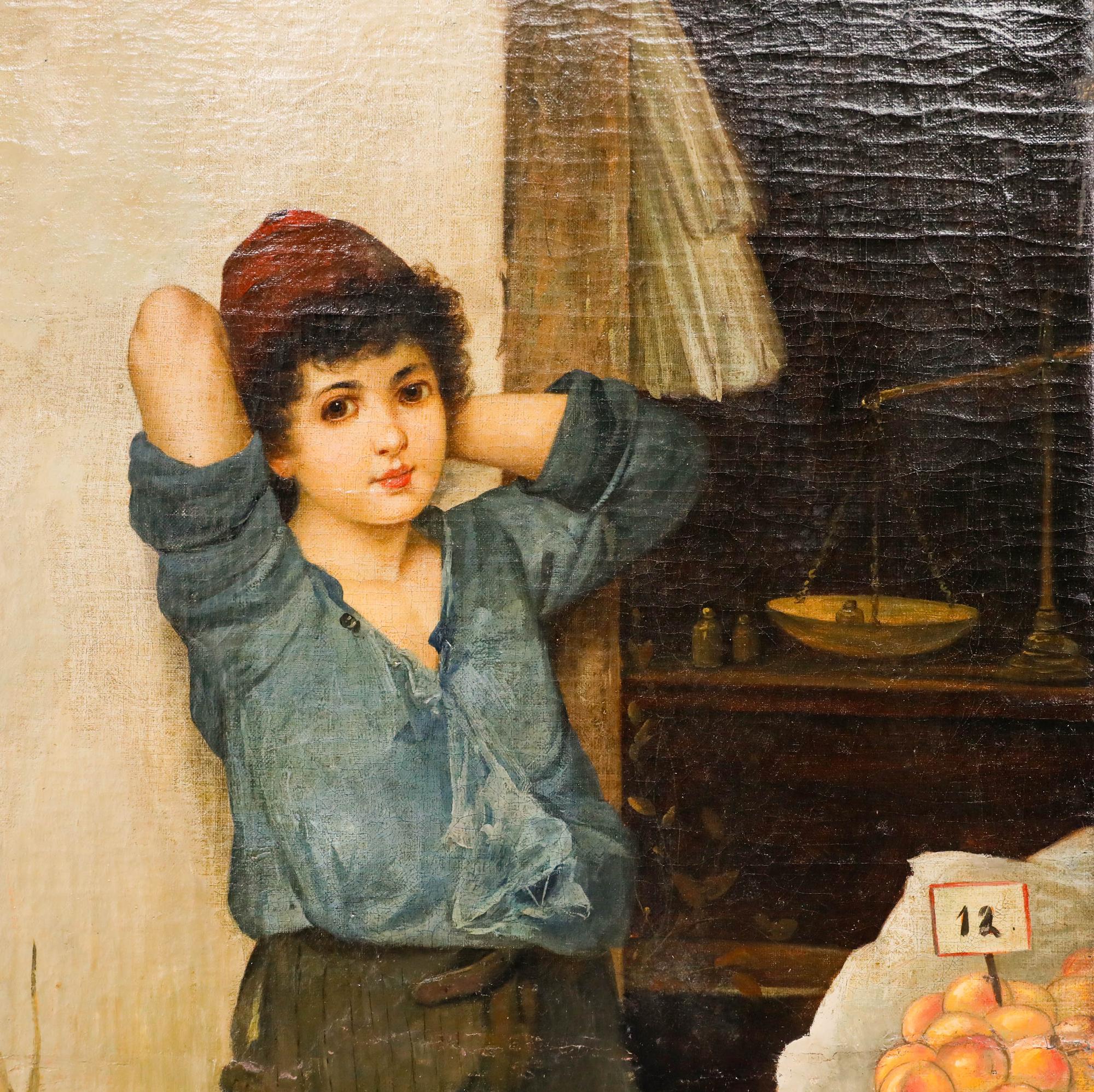 A charming depiction of a young boy selling fruit from a market stall. His relaxed expression and casual demeanour are captured in a classic style of 19th century Italy.

Signed illegibly to the lower left. On canvas. 