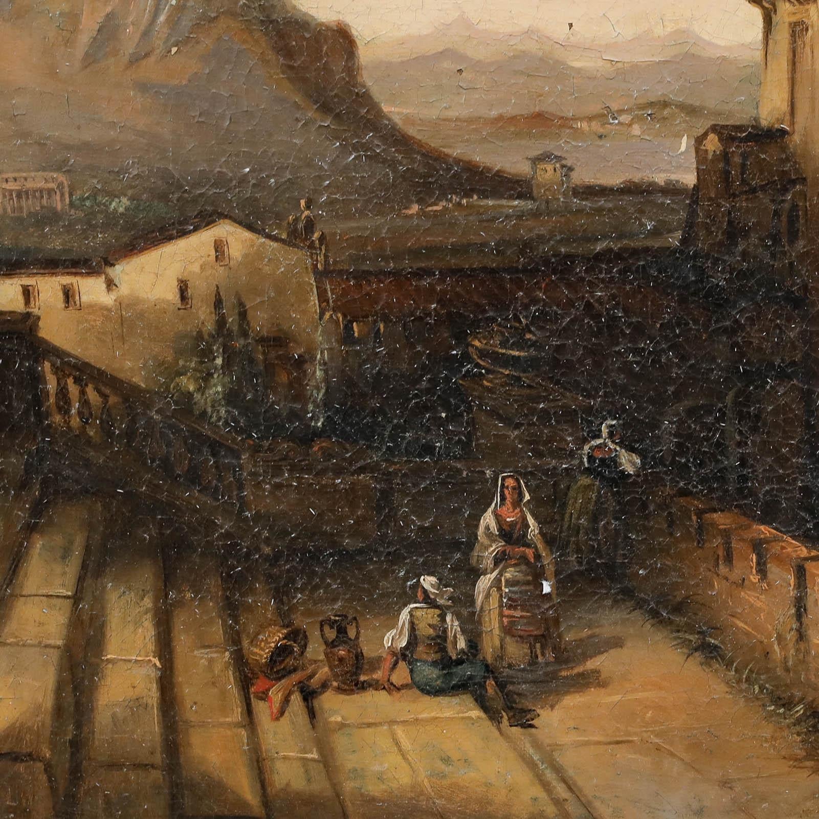 This atmospheric landscape painting showcases a medieval fortress or castle complex, featuring a prominent stone tower as its focal point. Set against rolling hills and an expansive sky bathed in soft, golden light, the composition balances