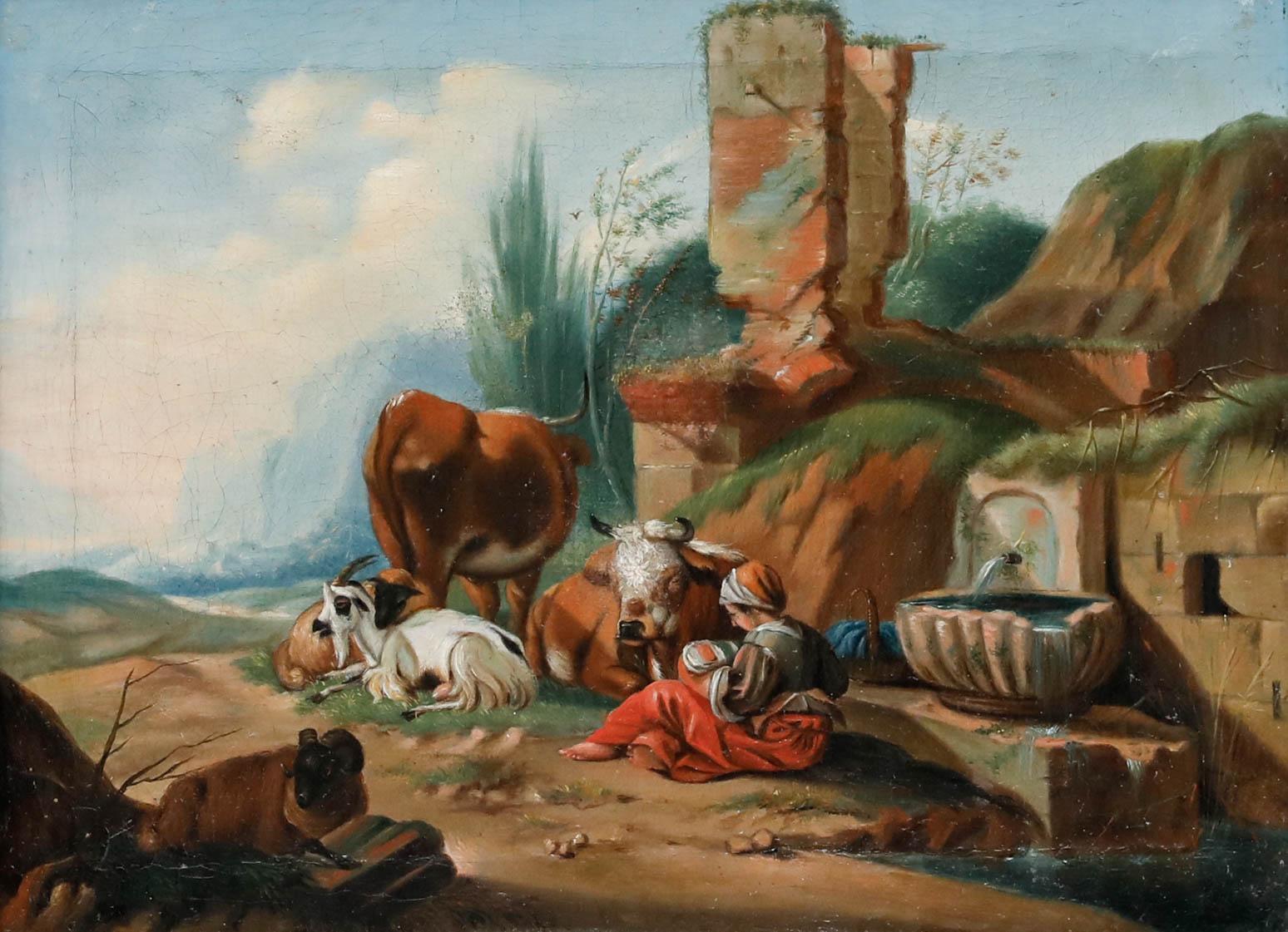 Italienische Schule um 1800 Öl - Hirtin am Brunnen – Painting von Unknown