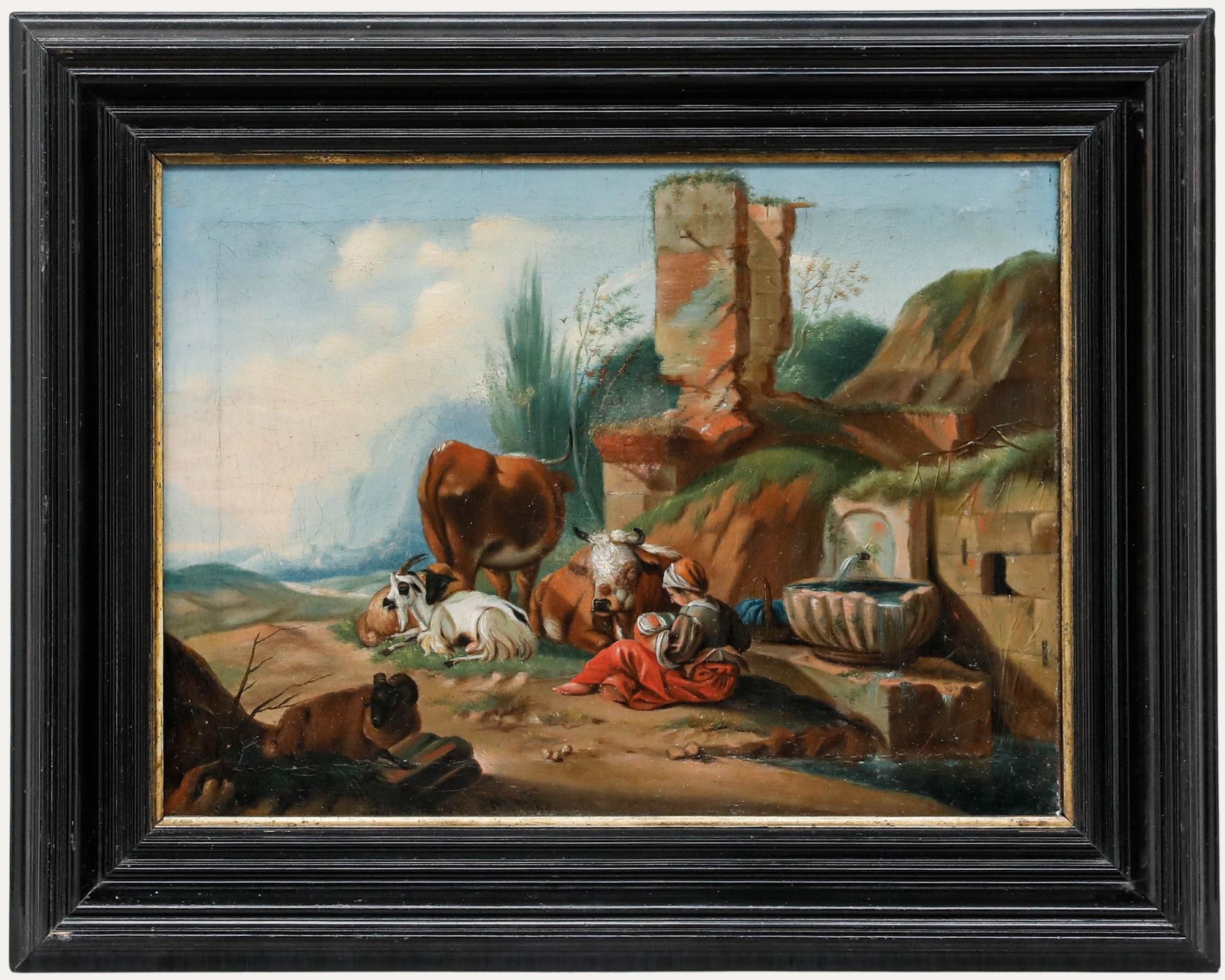 Unknown Figurative Painting – Italienische Schule um 1800 Öl - Hirtin am Brunnen