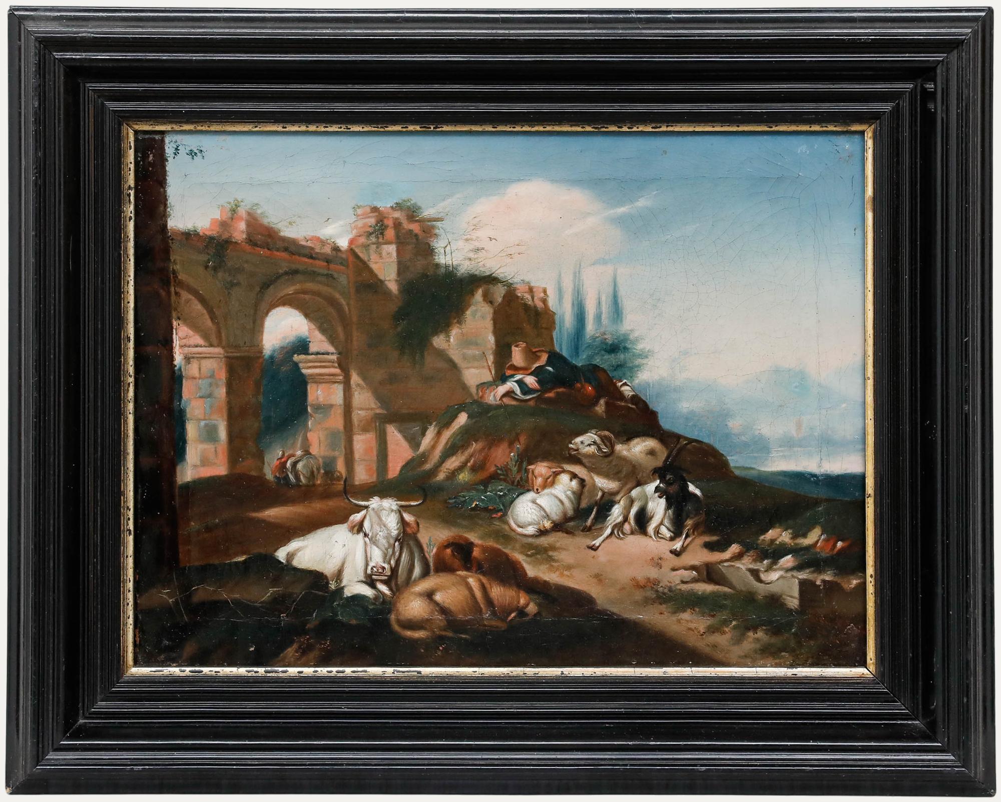 Unknown Landscape Painting – Italienische Schule um 1800 Öl - Der schlafende Shepherd