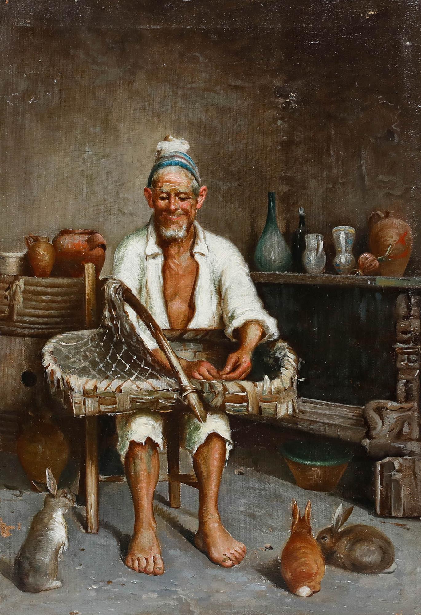 Italian School Early 20th Century Oil - The Rabbit Catcher - Painting by Unknown