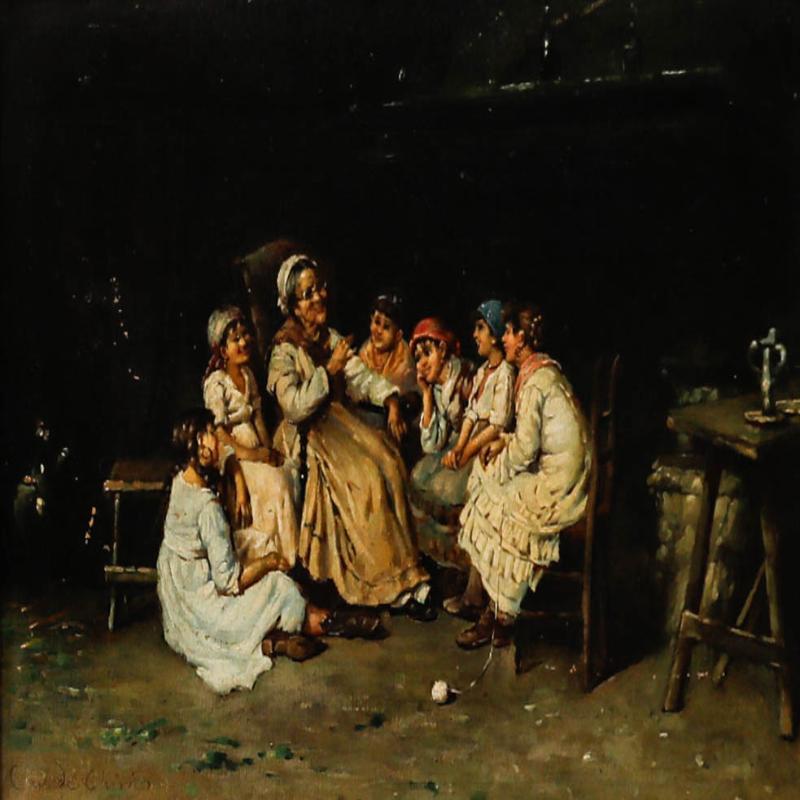 Óleo de la escuela italiana de principios del siglo XX - El cuentacuentos - Painting de Unknown