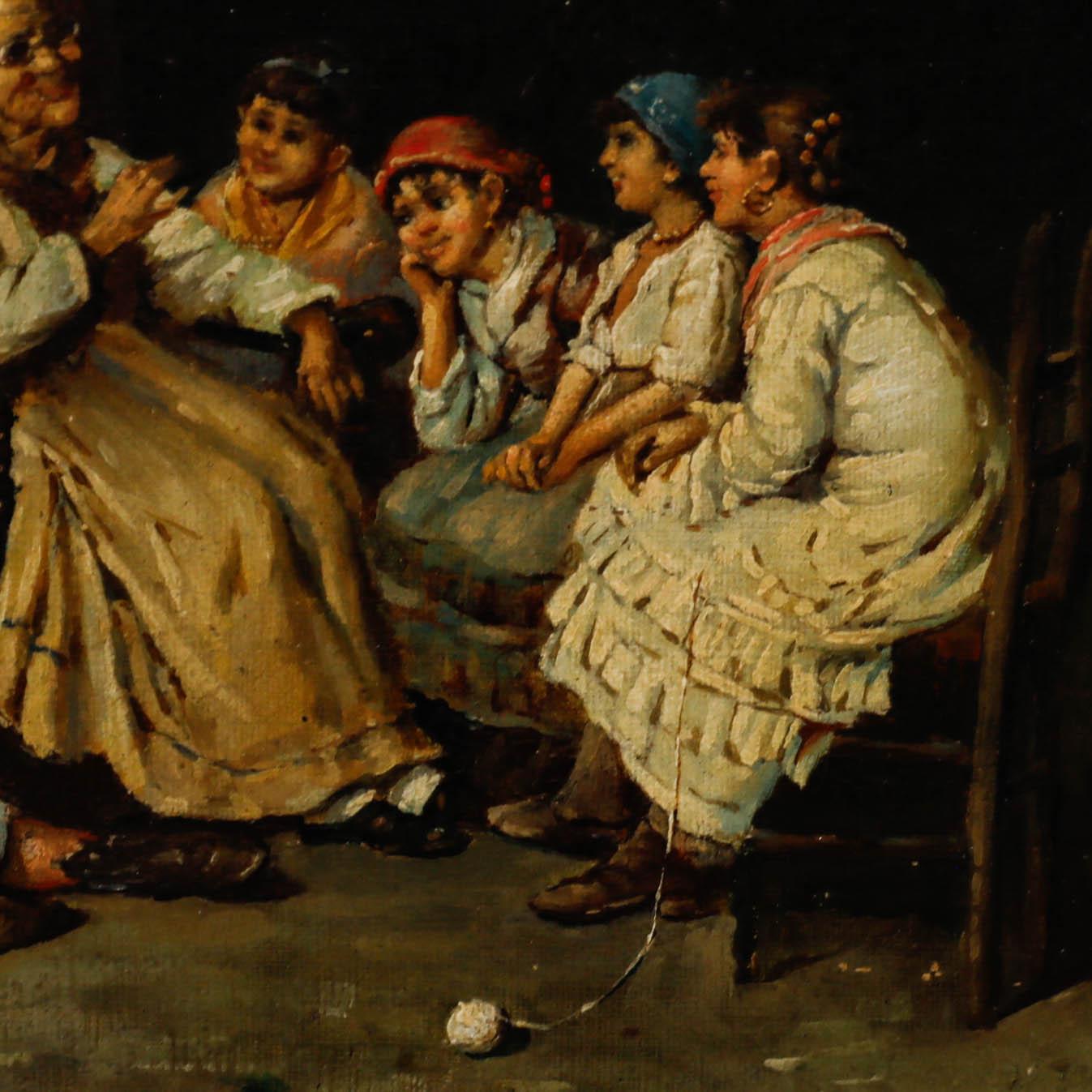 Esta escena íntima representa a un grupo de niños reunidos en torno a una mujer mayor en un interior poco iluminado, creando una sensación de calidez y camaradería. El uso por parte del artista de tonos apagados y una iluminación suave atrae la