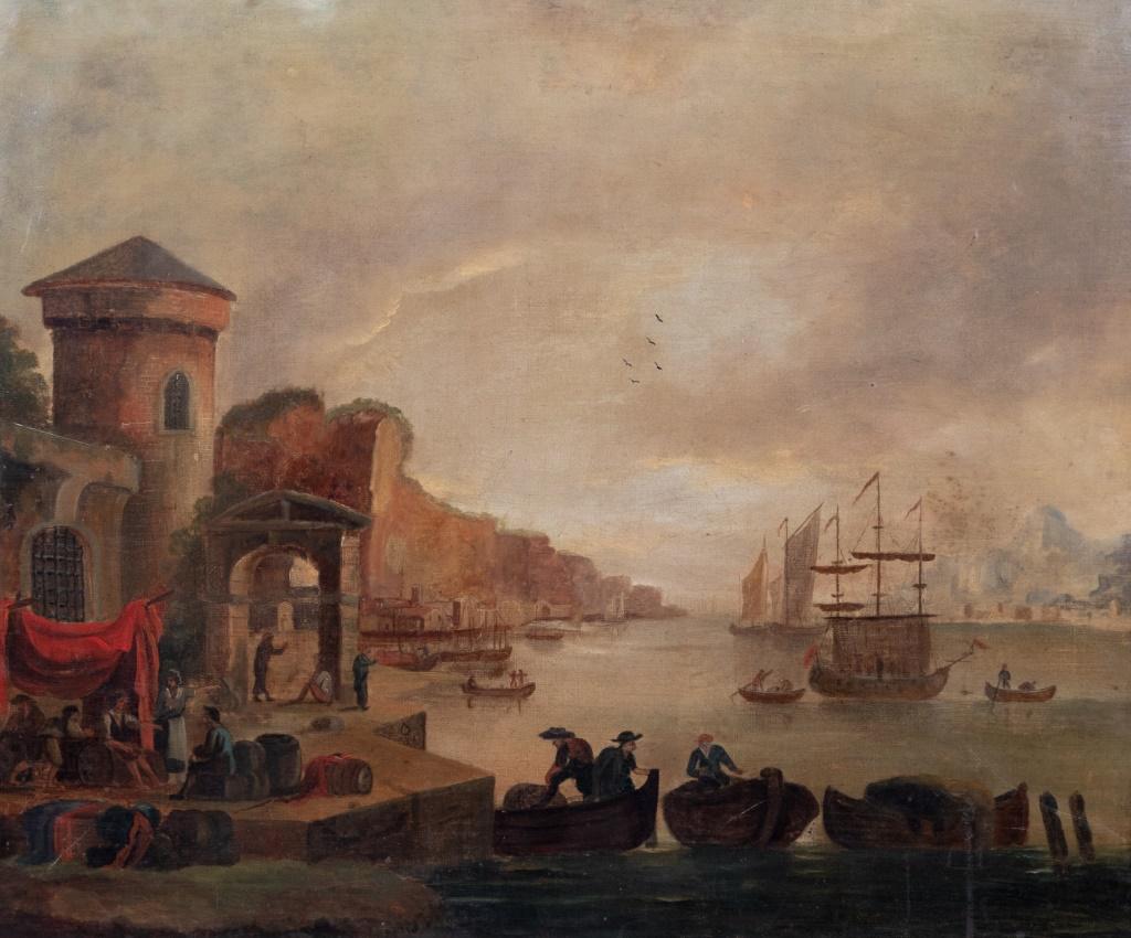 Italian School Harbor Scene Oil on Canvas - Painting by Unknown