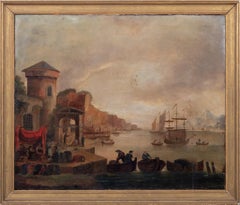 Italian School Harbor Scene Oil on Canvas