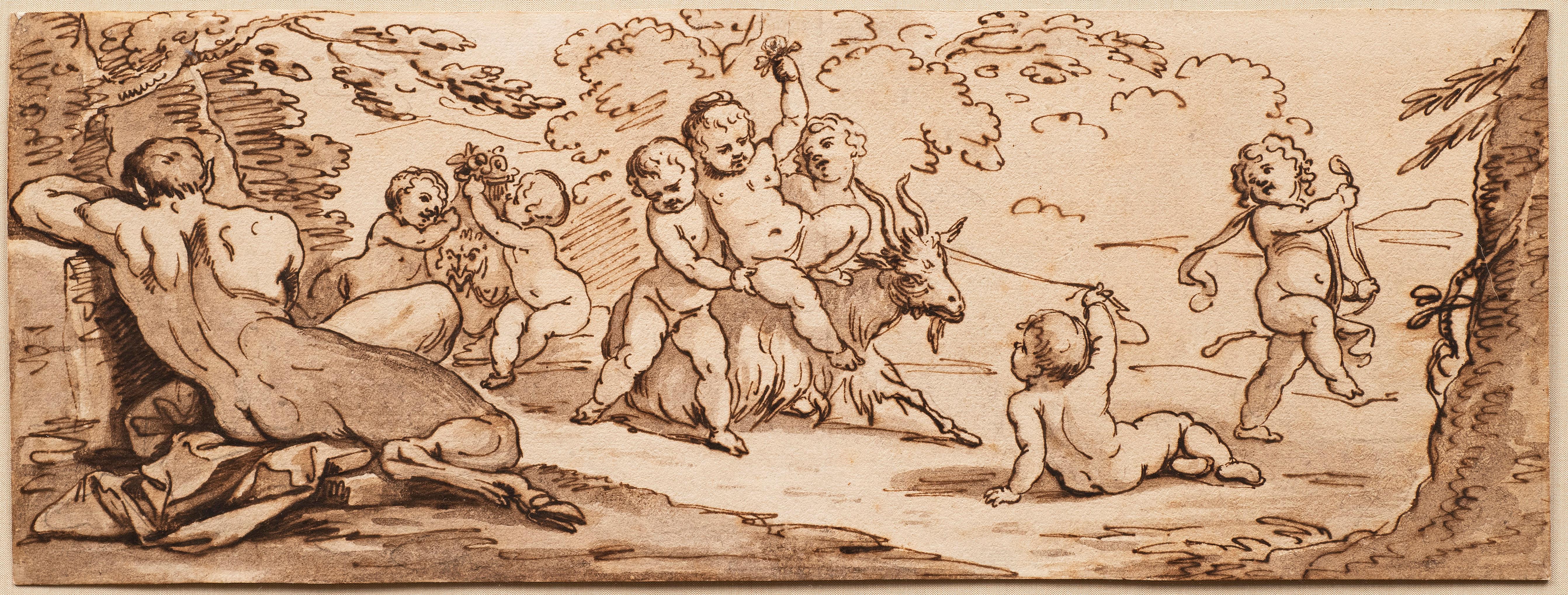 Antike italienische Schule des späten 17. bis frühen 18. Jahrhunderts „Cherubs (A)“ Federzeichnung von Putten – Painting von Unknown
