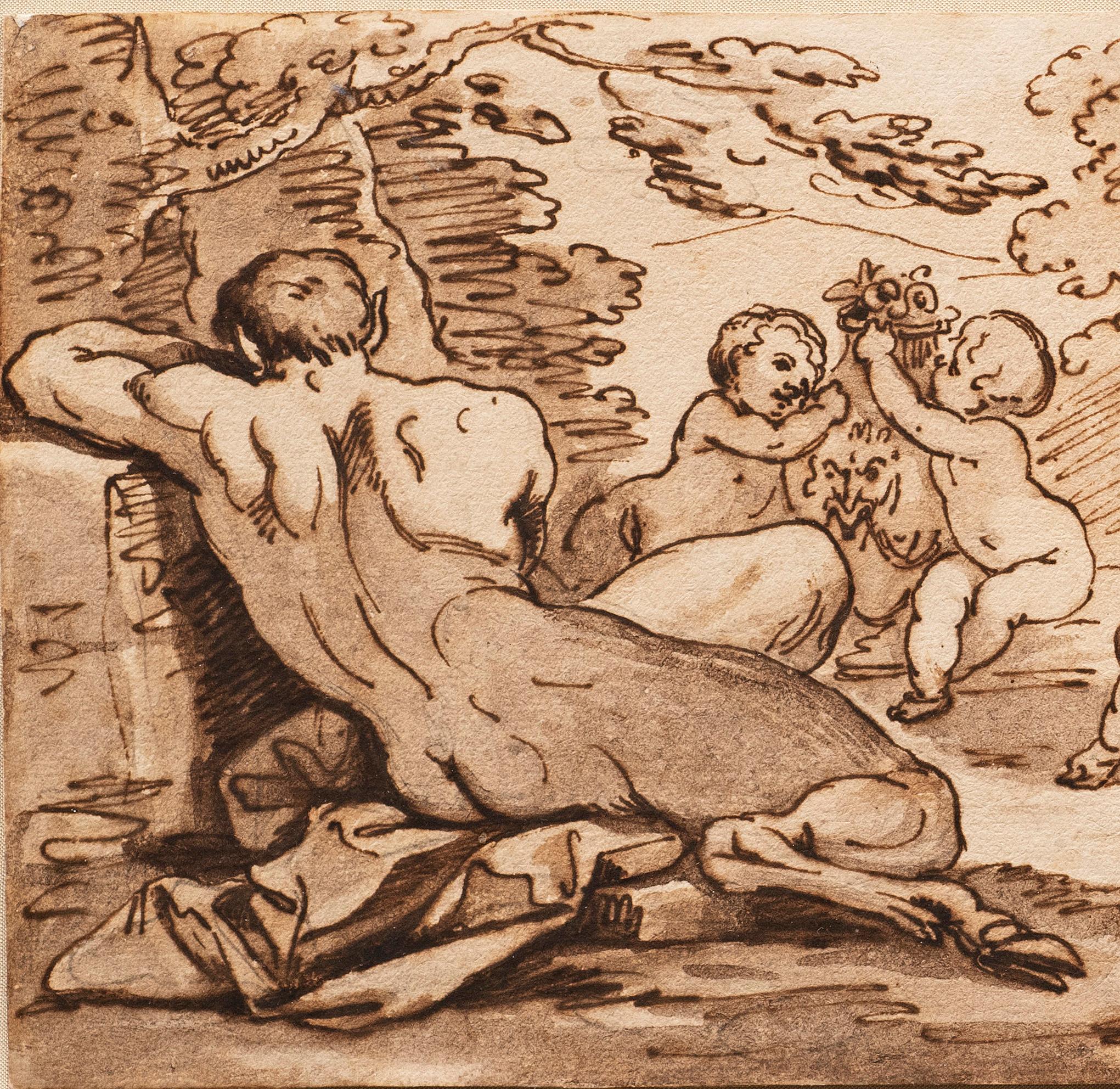 Antike italienische Schule des späten 17. bis frühen 18. Jahrhunderts „Cherubs (A)“ Federzeichnung von Putten (Alte Meister), Painting, von Unknown