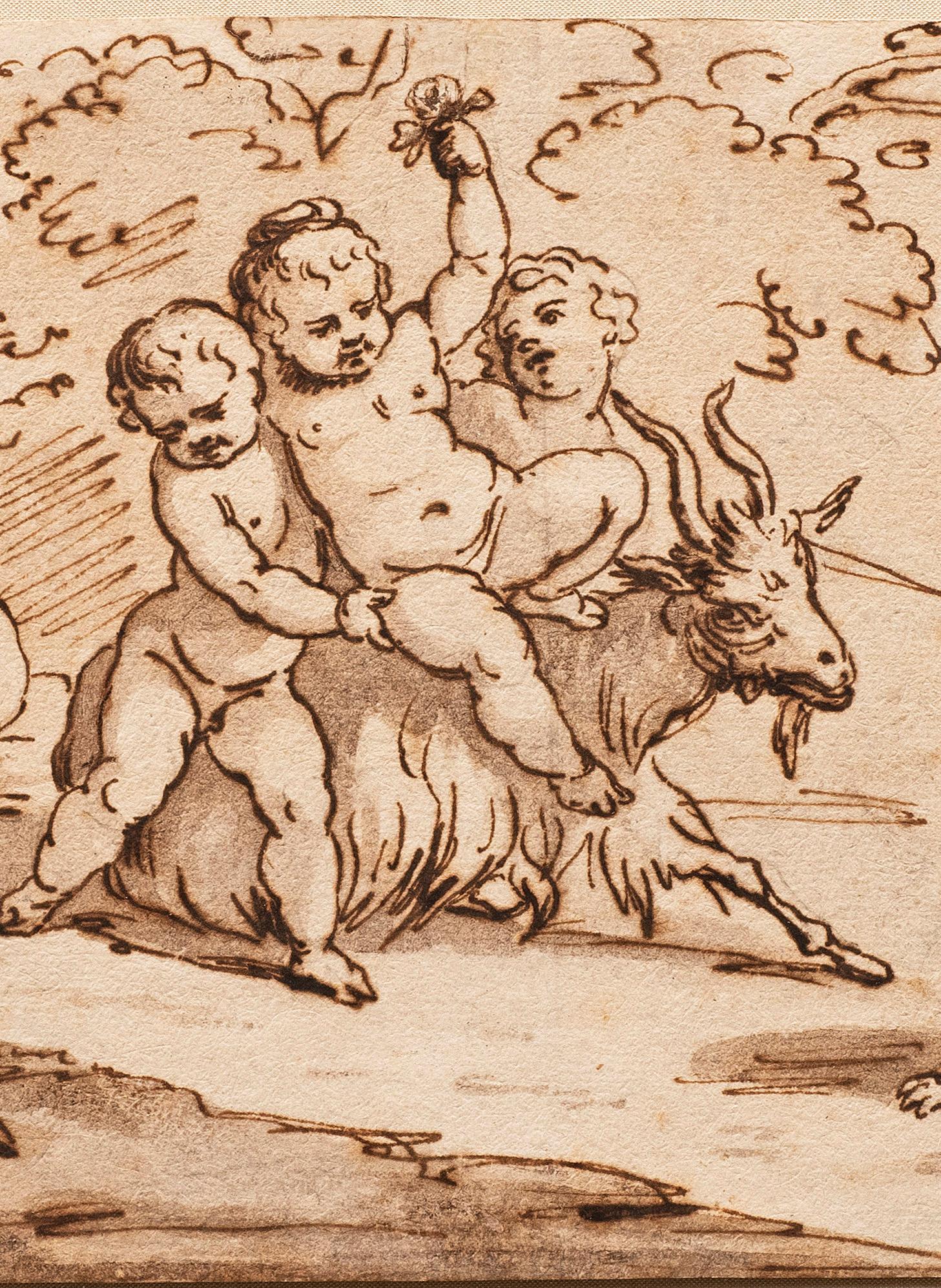 Antike italienische Schule des späten 17. bis frühen 18. Jahrhunderts „Cherubs (A)“ Federzeichnung von Putten (Beige), Nude Painting, von Unknown