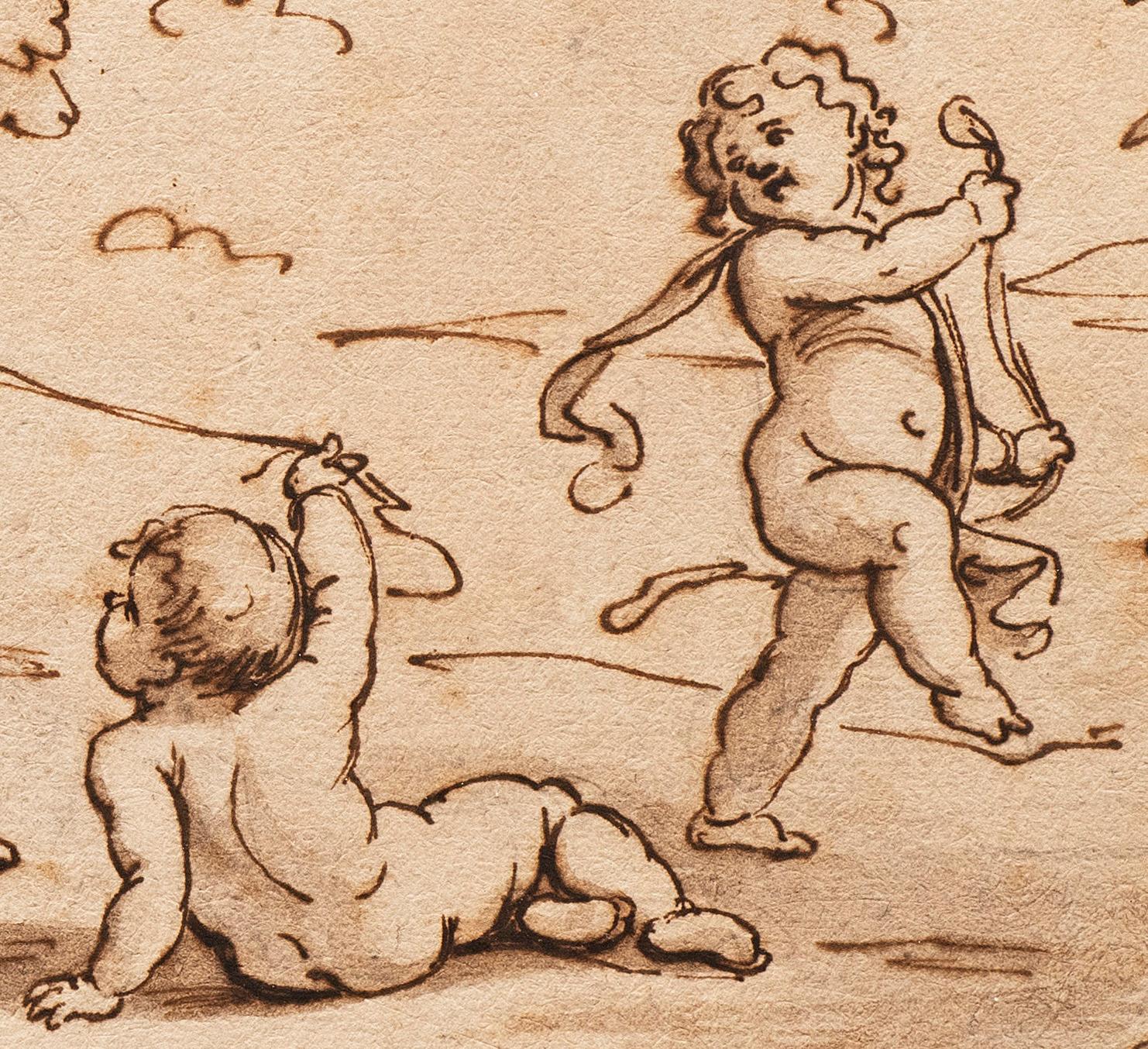 Antike italienische Schule des späten 17. bis frühen 18. Jahrhunderts „Cherubs (A)“ Federzeichnung von Putten im Angebot 3