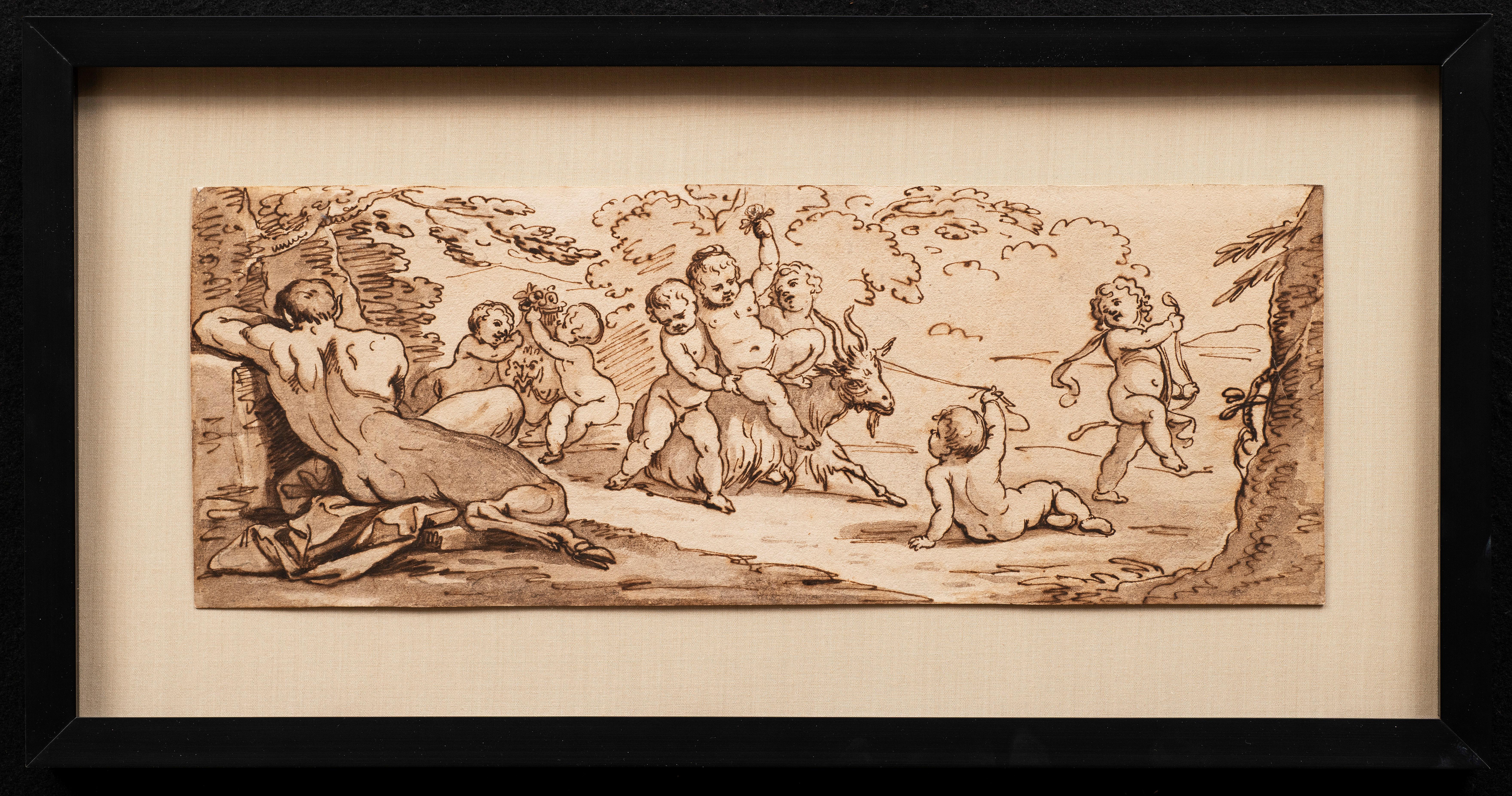 Unknown Nude Painting - Antique Italian School Late 17th - Early 18th "Cherubs (A)" Pen drawing of Putti