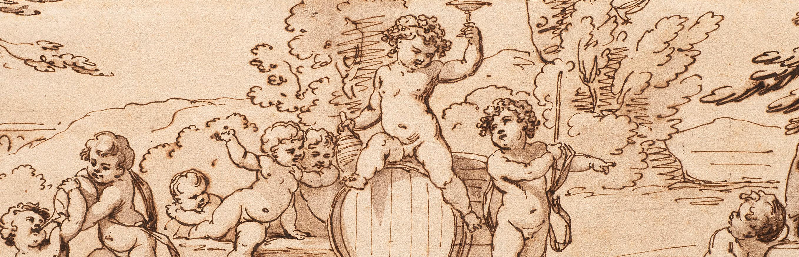 Antike italienische Schule des späten 17. bis frühen 18. Jahrhunderts „Cherubs (B)“ Federzeichnung von Putten im Angebot 5