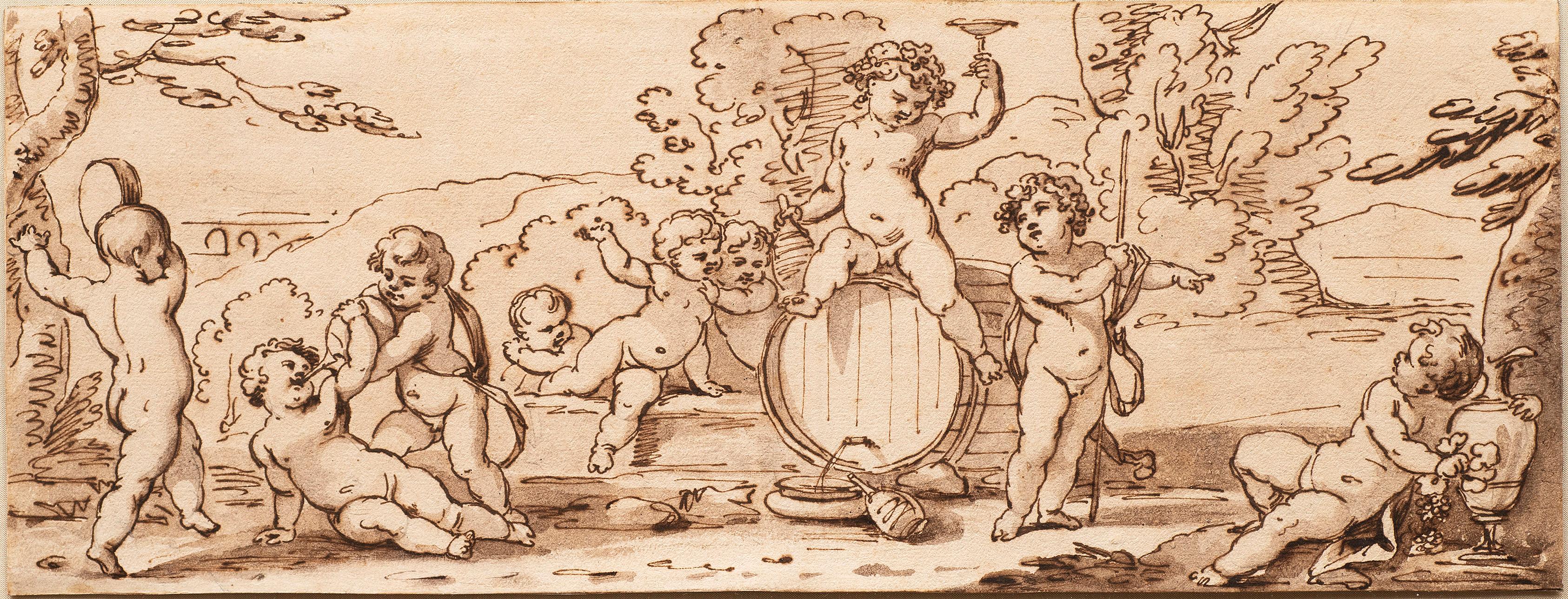 Antike italienische Schule des späten 17. bis frühen 18. Jahrhunderts „Cherubs (B)“ Federzeichnung von Putten – Painting von Unknown