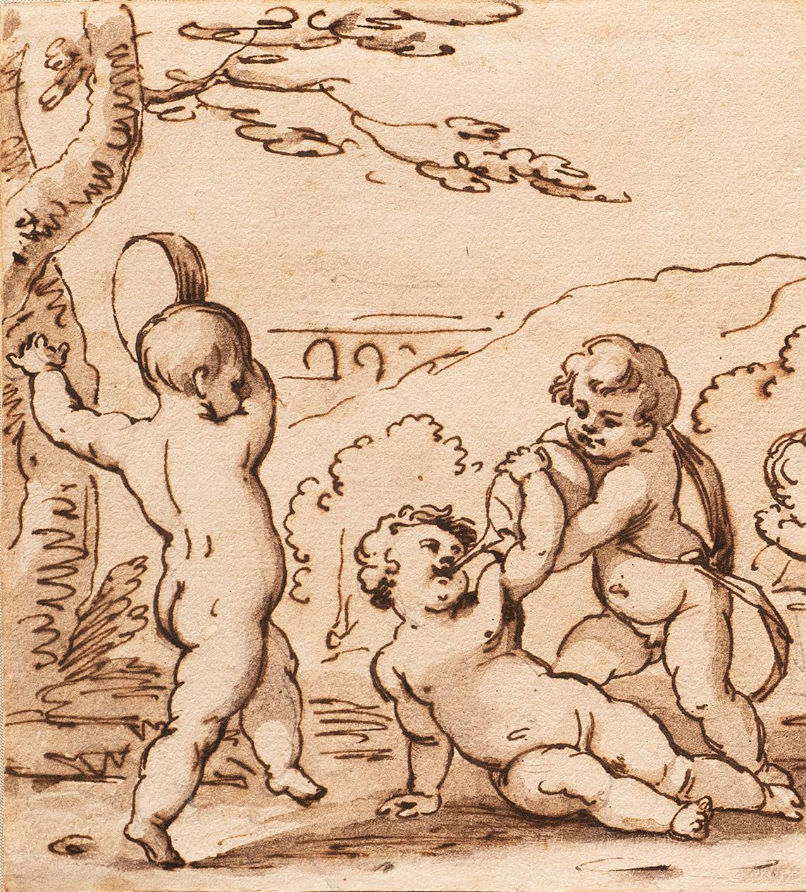 Antike italienische Schule des späten 17. bis frühen 18. Jahrhunderts „Cherubs (B)“ Federzeichnung von Putten (Alte Meister), Painting, von Unknown