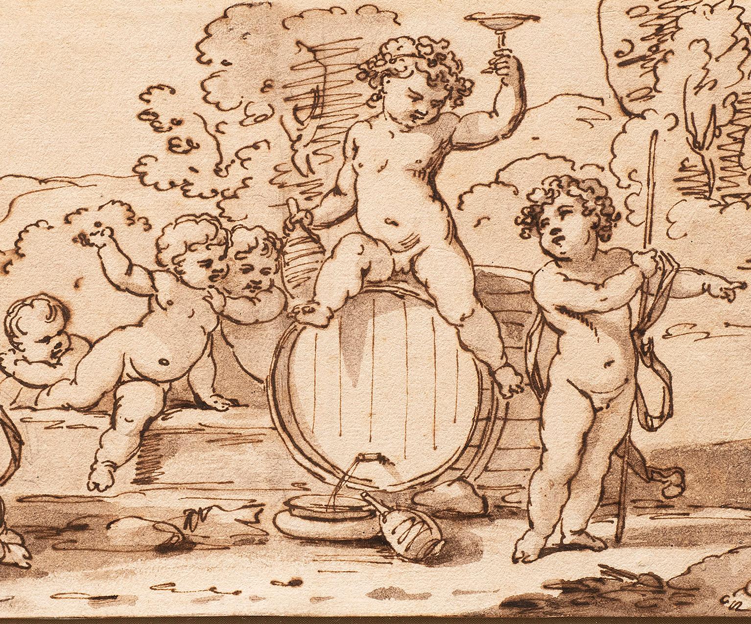 Antike italienische Schule des späten 17. bis frühen 18. Jahrhunderts „Cherubs (B)“ Federzeichnung von Putten (Beige), Nude Painting, von Unknown