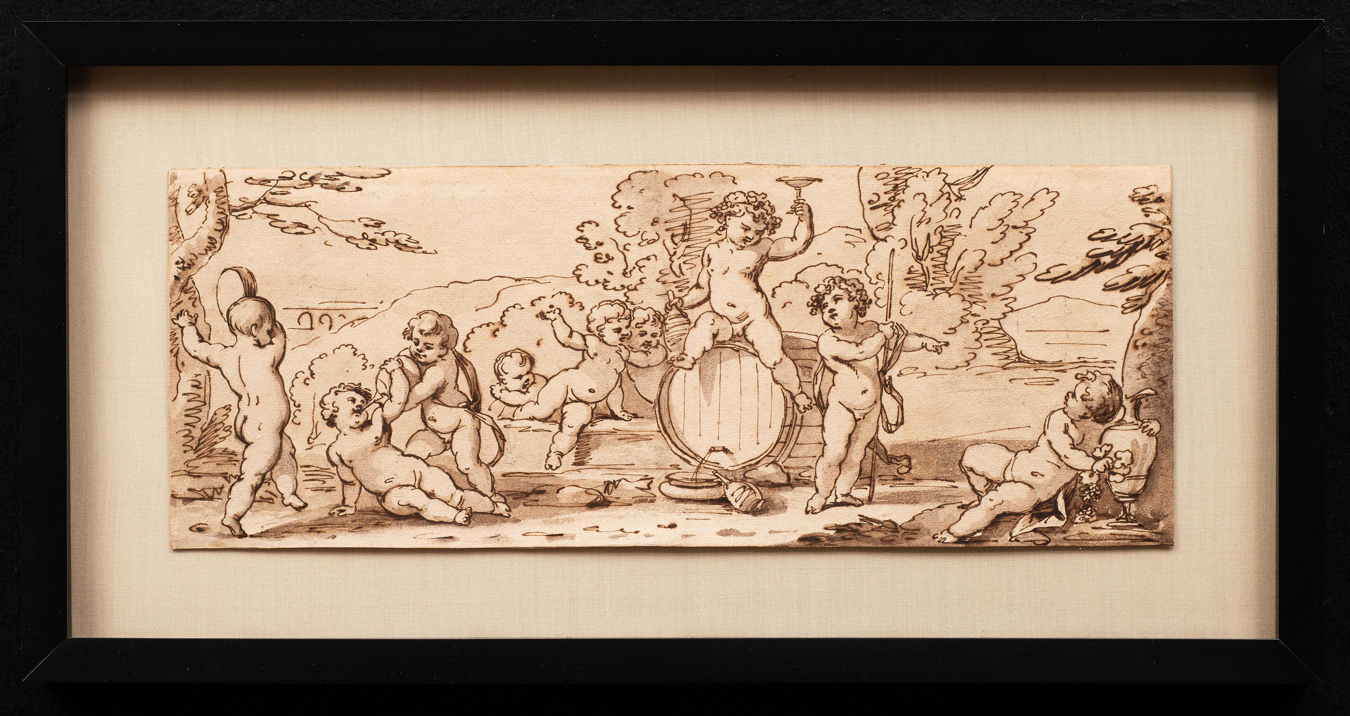 Unknown Nude Painting – Antike italienische Schule des späten 17. bis frühen 18. Jahrhunderts „Cherubs (B)“ Federzeichnung von Putten
