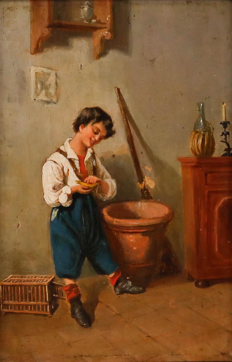 Ölgemälde der italienischen Schule des späten 19. Jahrhunderts – Junge und Budgerigar – Painting von Unknown