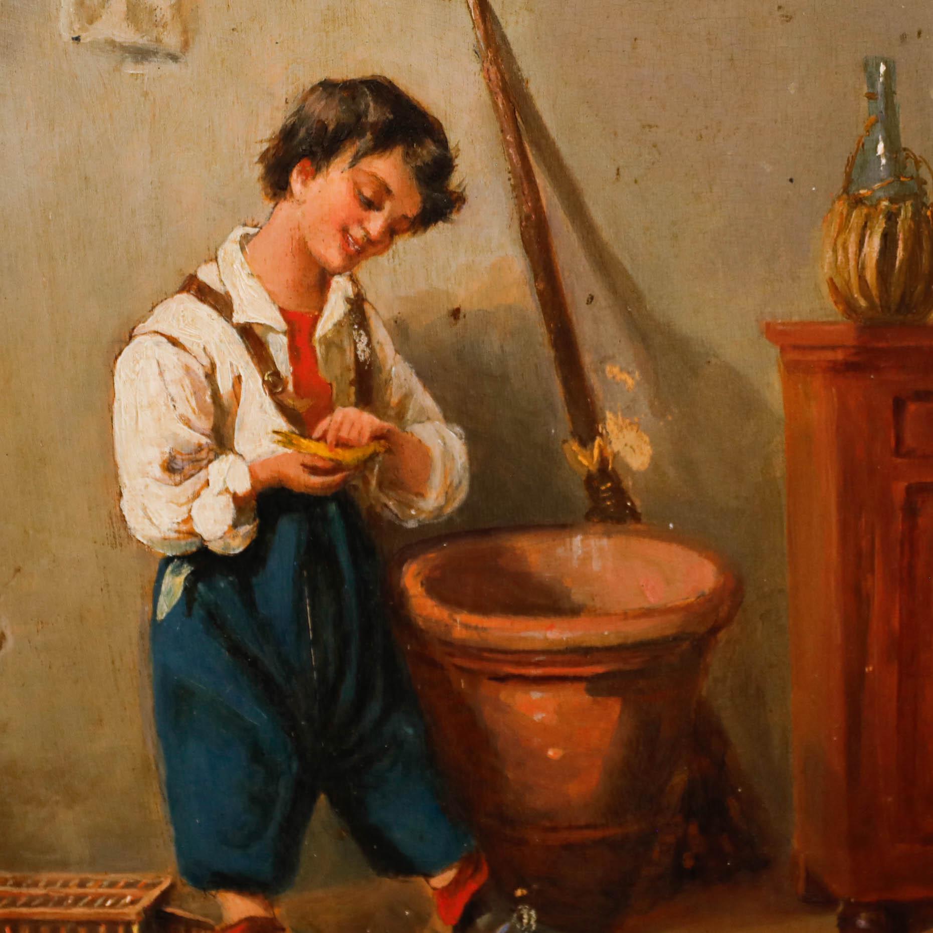Diese intime Innenraumszene zeigt einen kleinen Jungen, der sanft einen Wellensittich hält. Die Komposition zieht den Betrachter in eine bescheidene Küchenumgebung, wobei auf Details wie den abgenutzten Holzboden, die einfachen