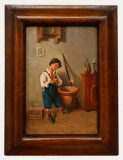 Italian School Late 19th Century Oil - Boy and Budgerigar