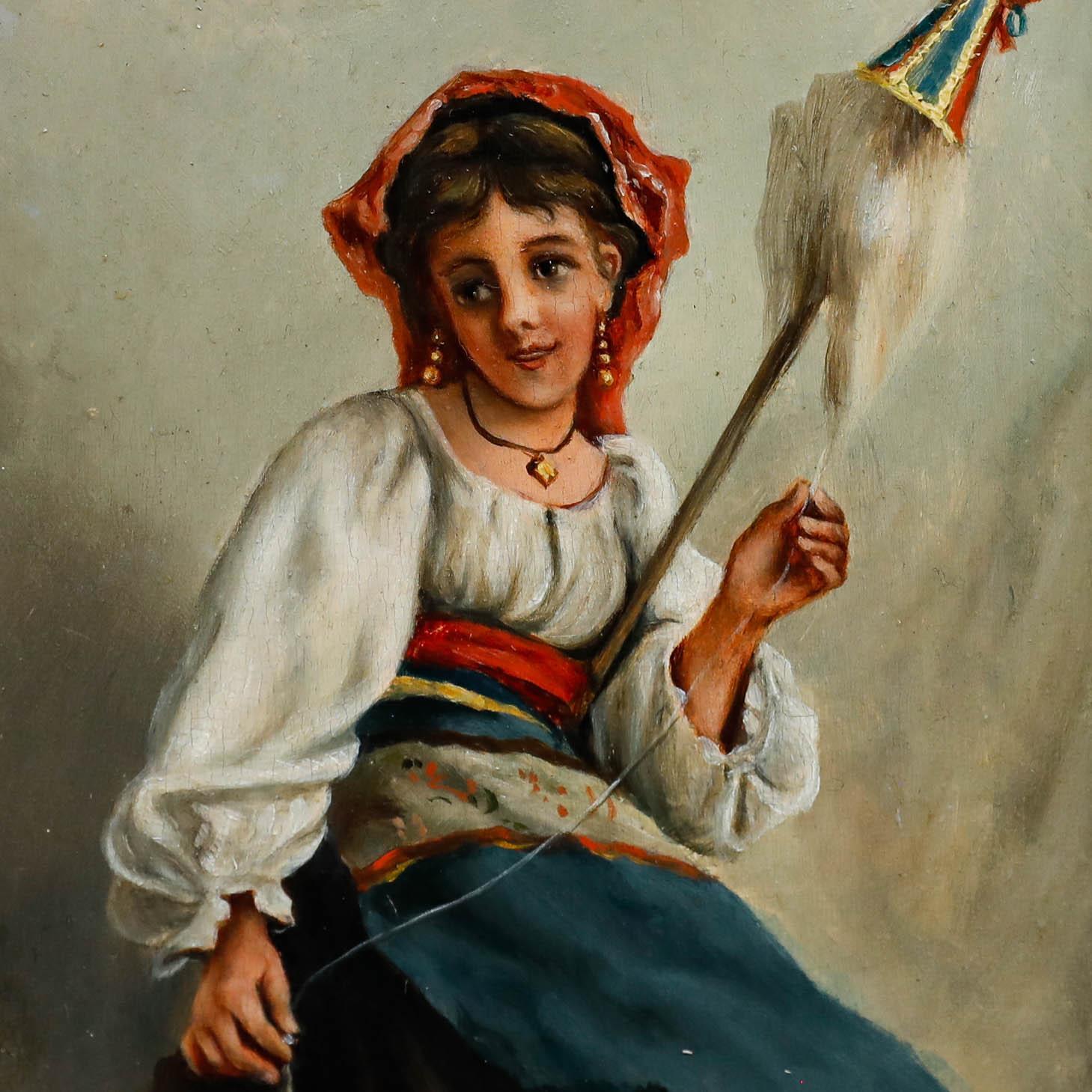 A young woman holds a distaff, a traditional spinning tool. Well presented in a dark wooden frame. Unsigned. On panel.