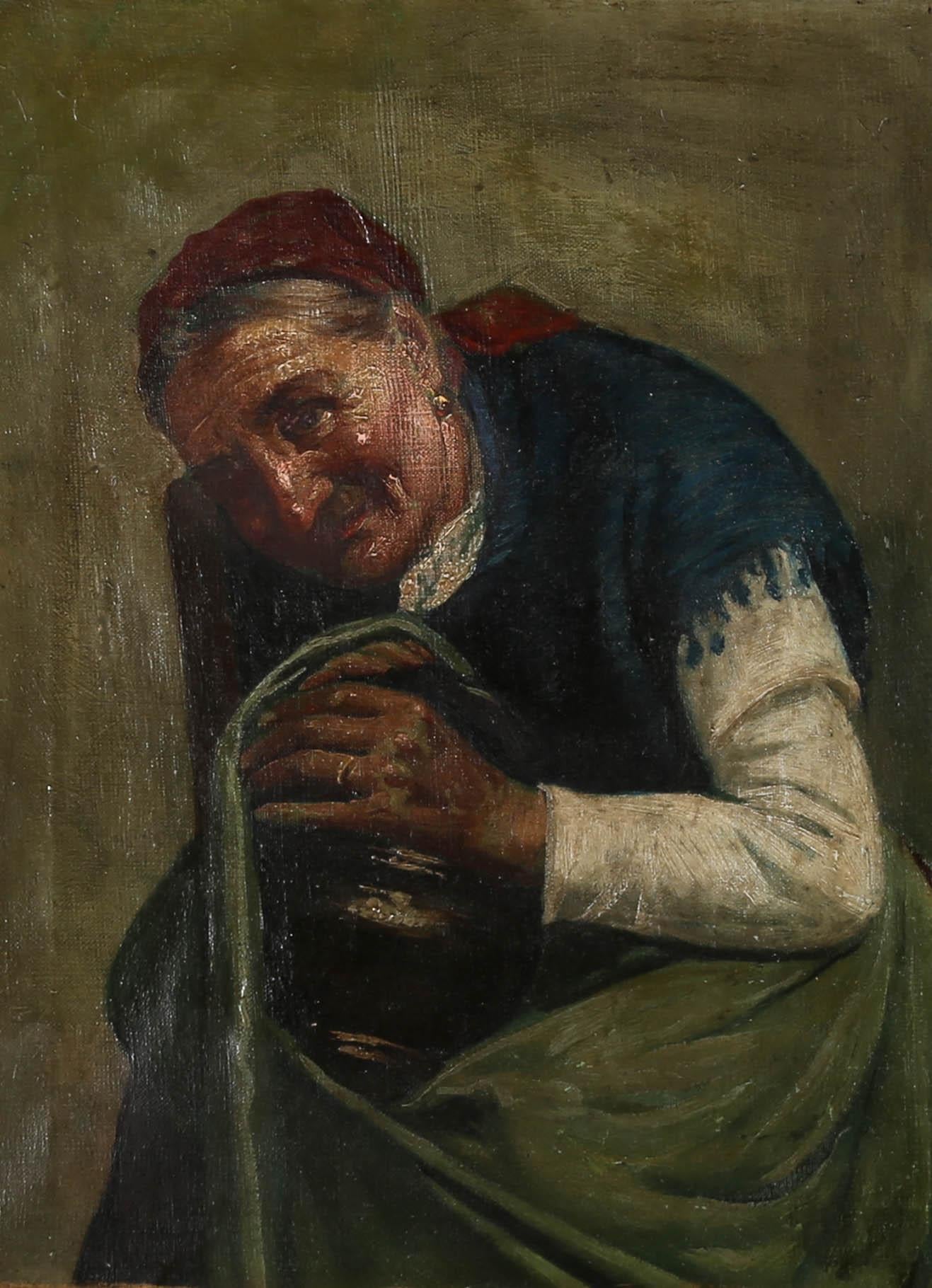 Italian School Mid 19th Century Oil - Woman With Earthenware Pot - Painting by Unknown