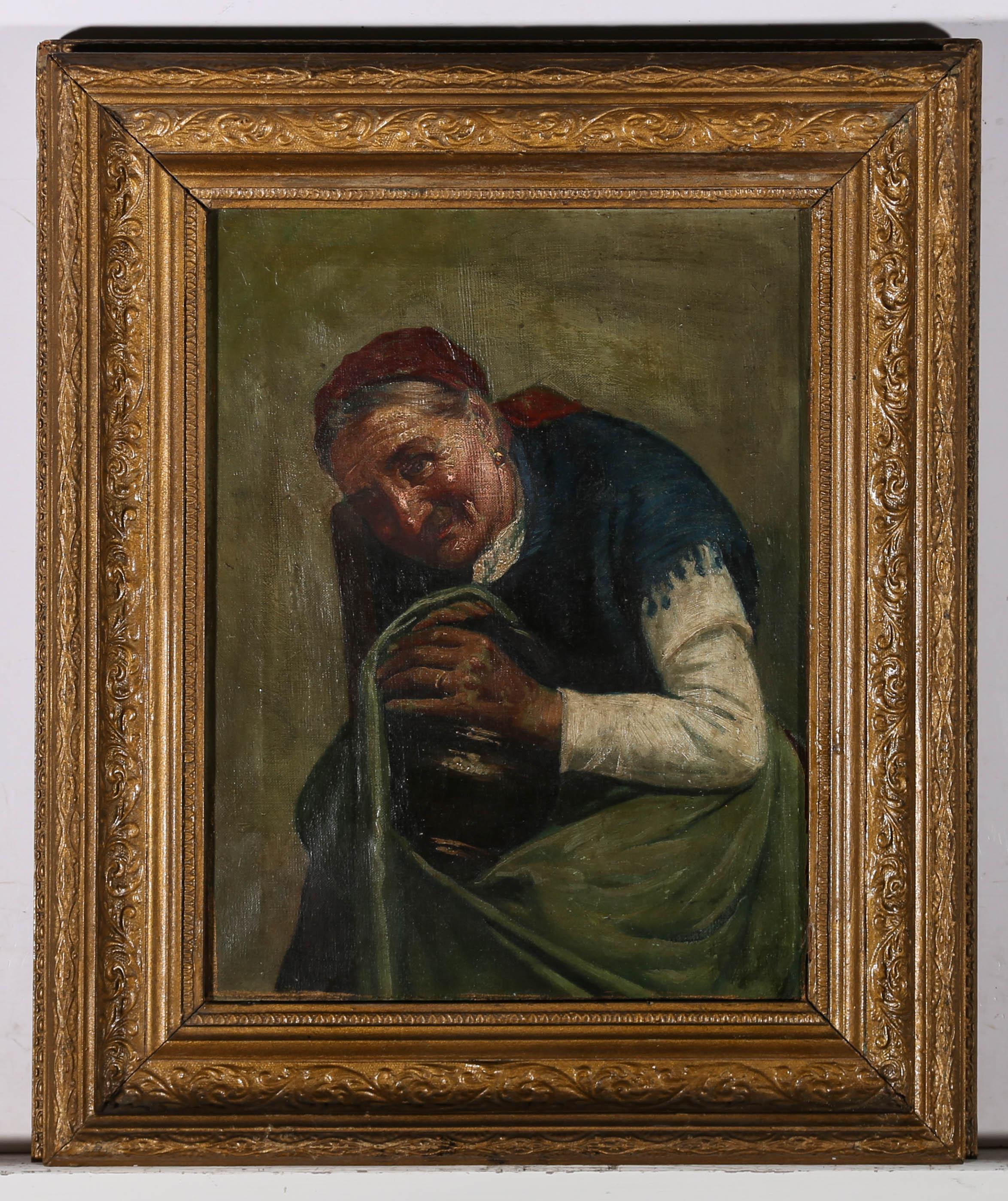 A charming portrait of an elderly Italian woman with a red headscarf and blue shawl, holding an earthenware pot, wrapped in her green apron. The painting has been presented in a late 19th Century gilt frame with scrolling low relief acanthus leaf