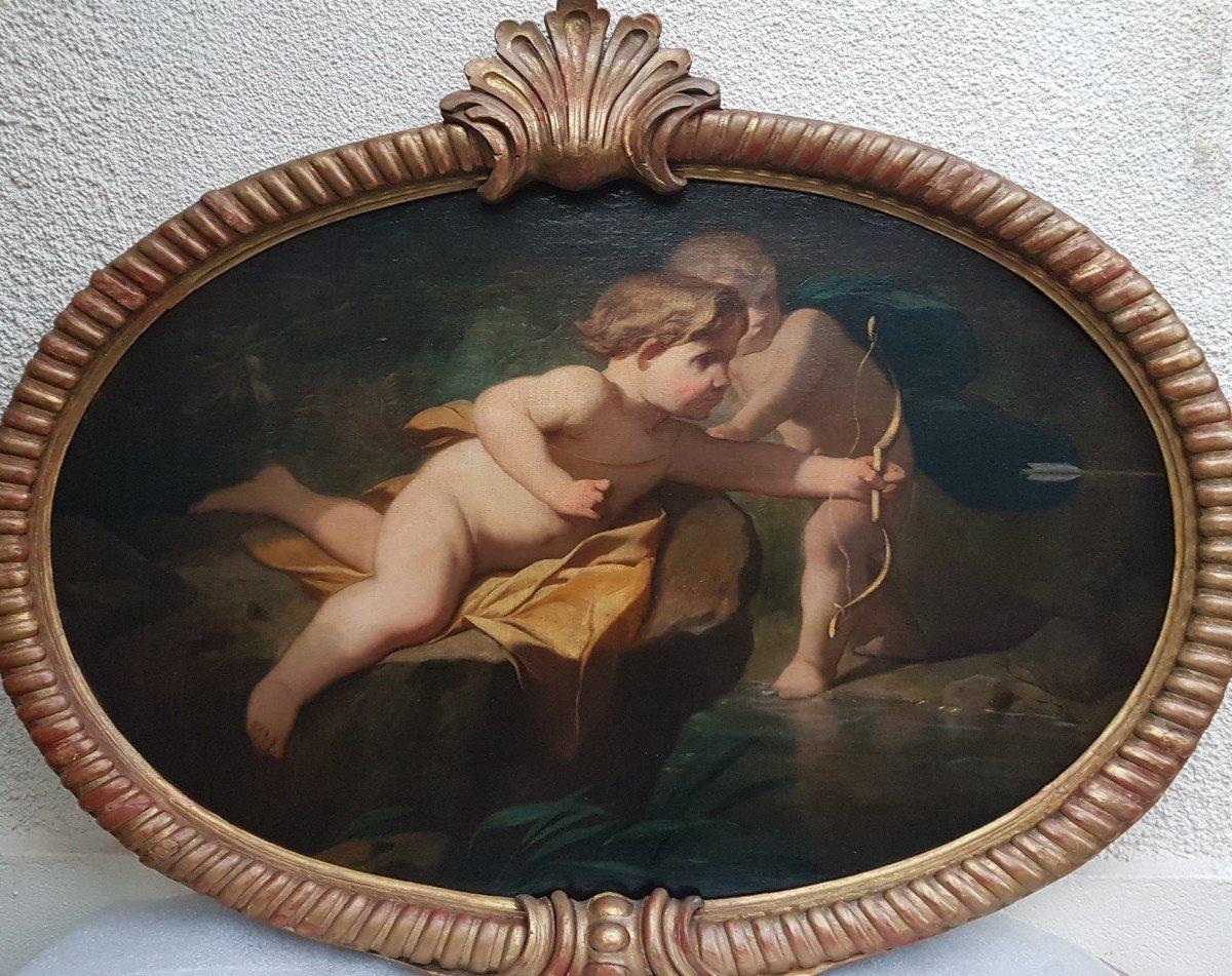 Italian beginning 19th oil canvas  oval Mythological Bacchus and Apollon child - Painting by Unknown
