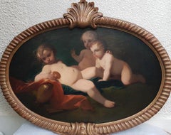 Italian beginning 19th oil canvas  oval Mythological Bacchus and Apollon child