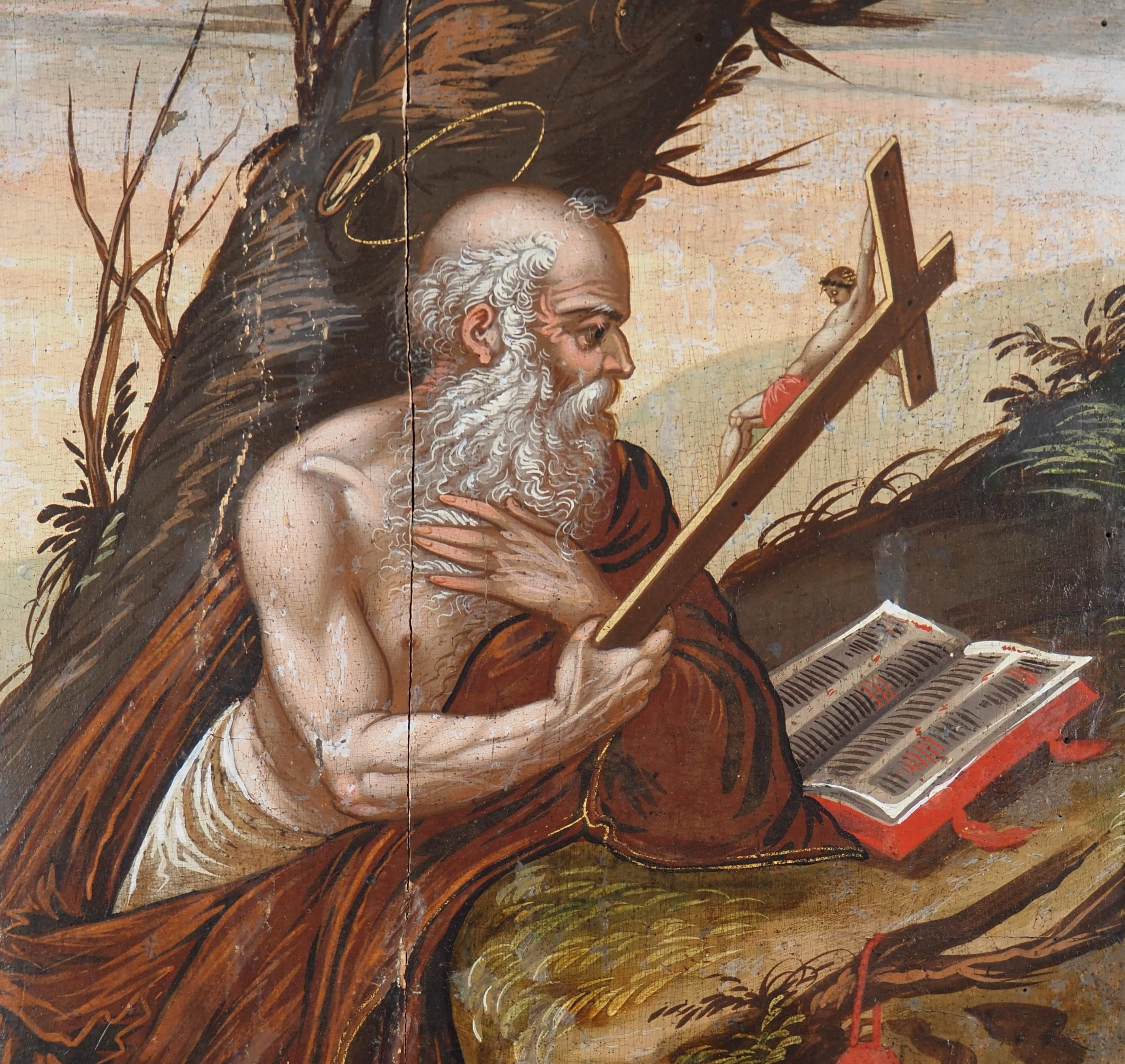 Escuela italiana del siglo XVII : San Jerónimo con un león - Pintura al óleo - Painting Académico de Unknown