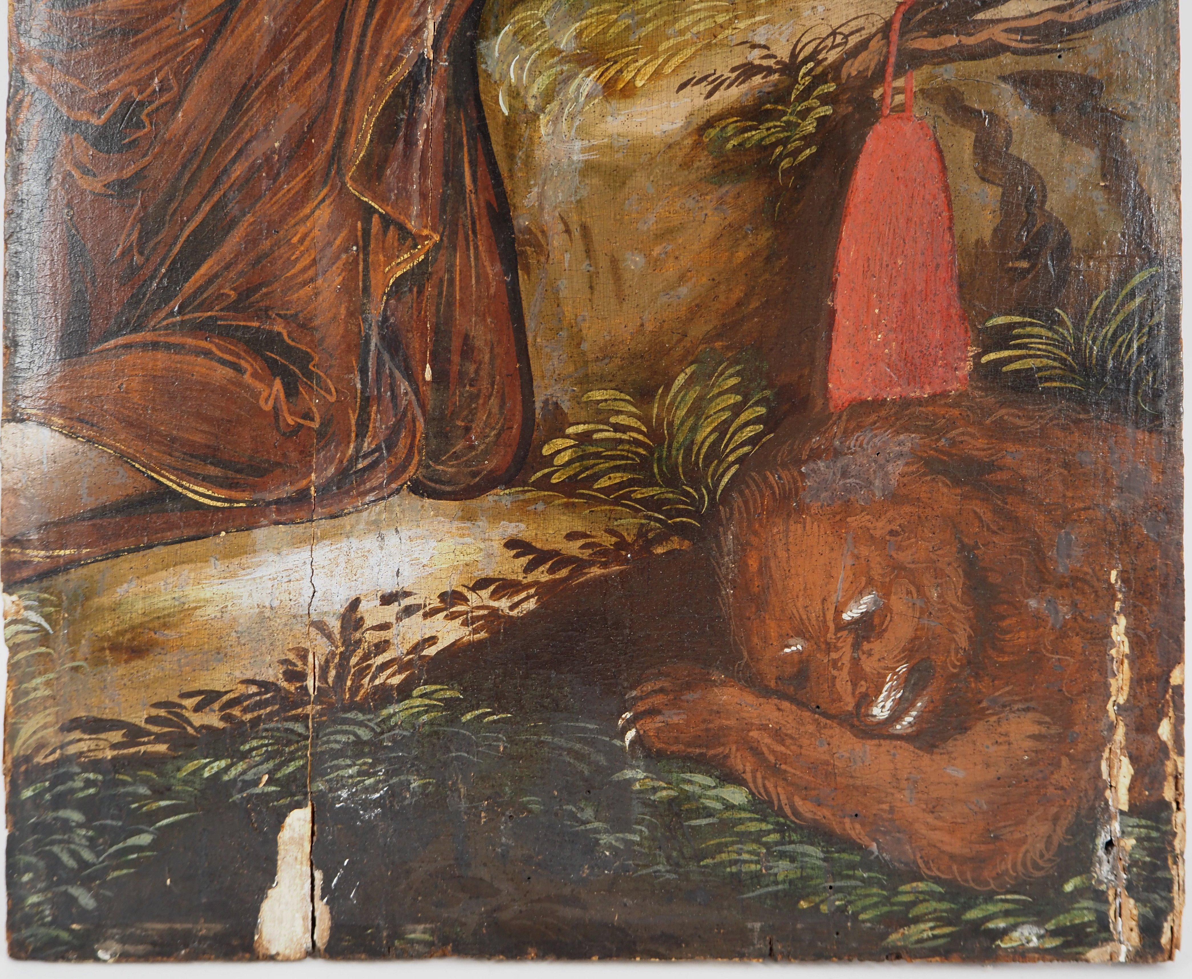 Escuela italiana del siglo XVII : San Jerónimo con un león - Pintura al óleo - Figurative Painting Marrón de Unknown