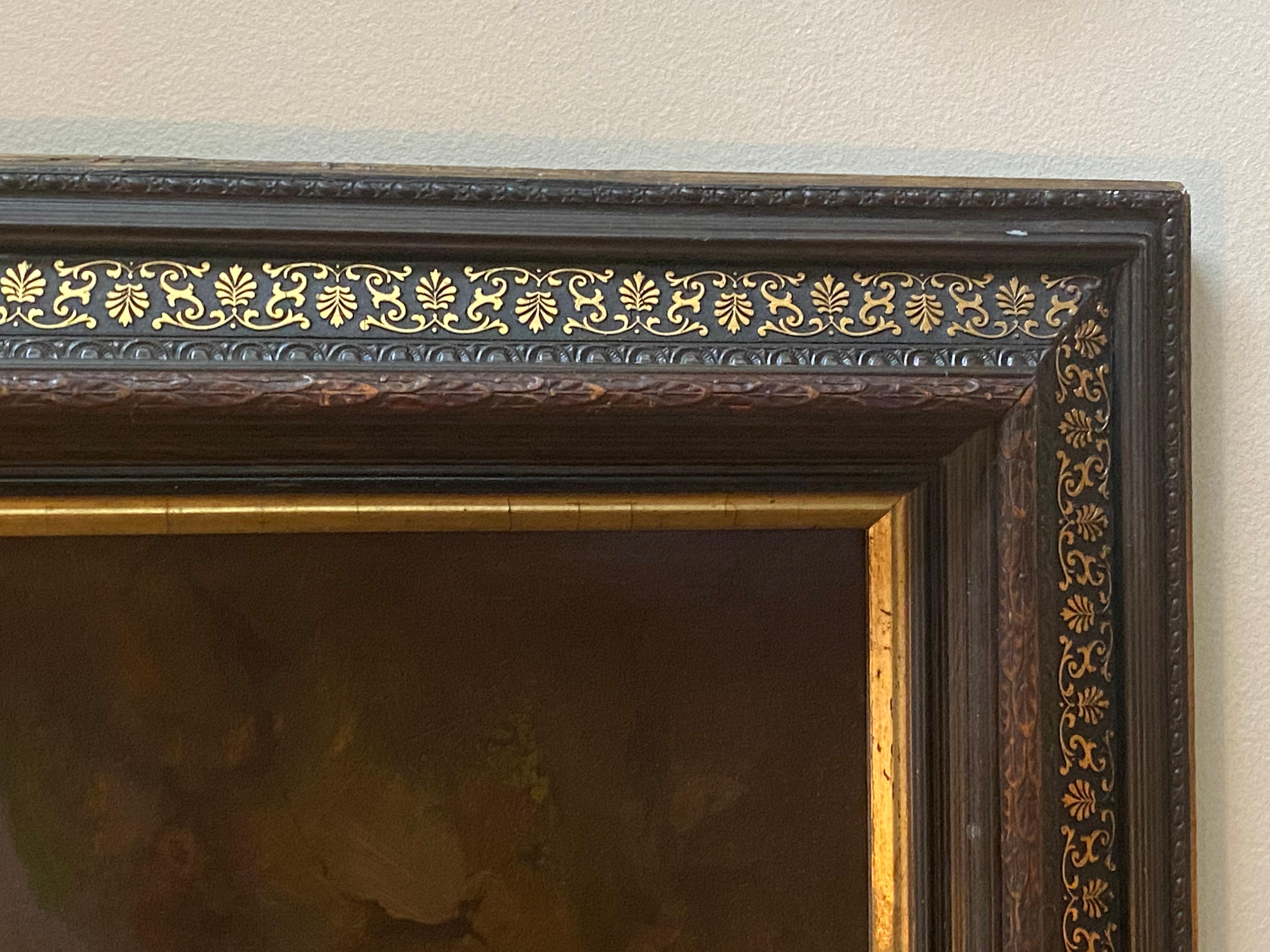 Öl auf Leinwand, diese wunderbare Panoramaansicht von Sorrento ist mit einer Initiale versehen und datiert, aber ich kann keinen Namen des Künstlers auf dem Werk finden.  Der Rahmen wurde mit großer Sorgfalt für dieses Werk angefertigt und ist