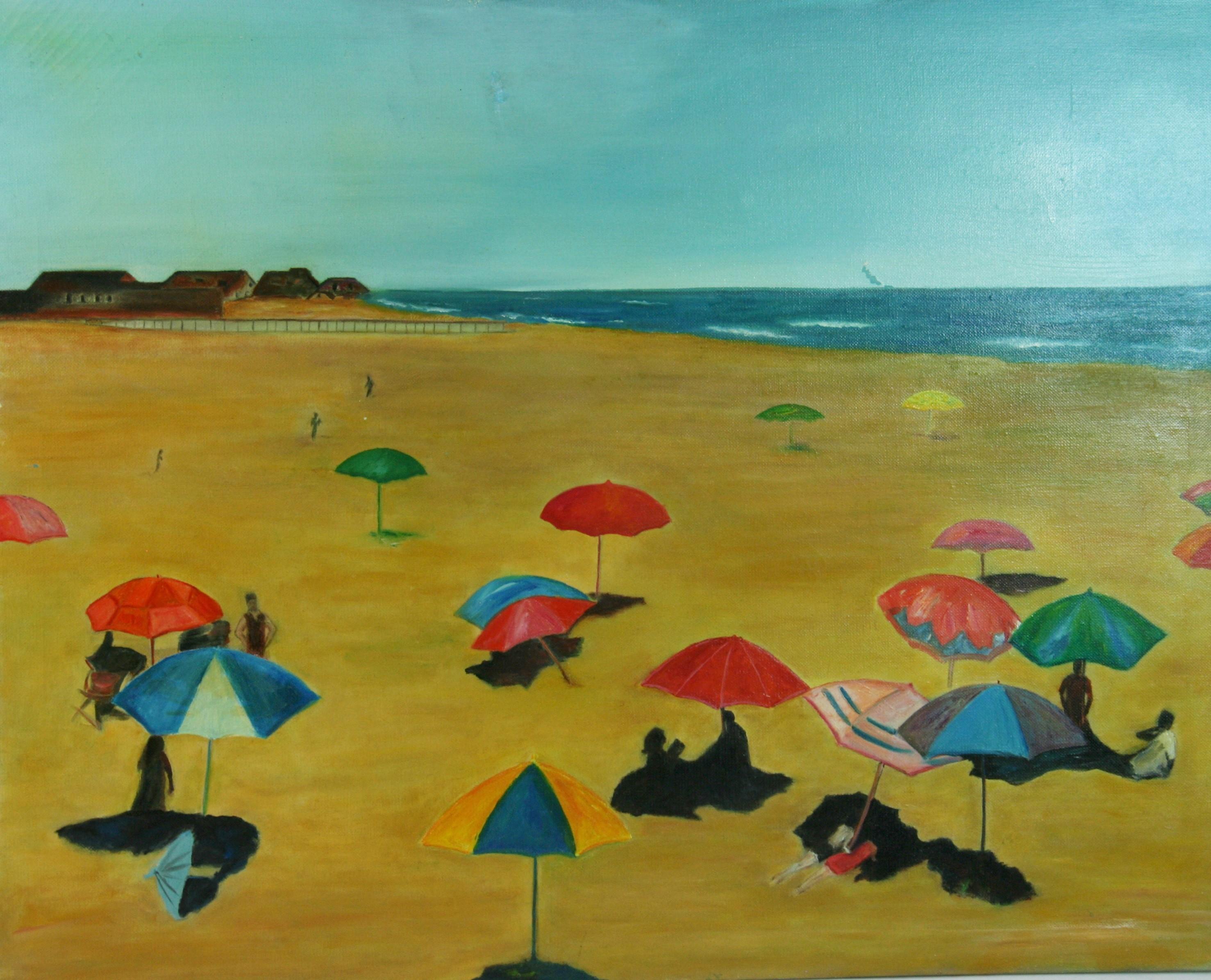 Italian Umbrellas on the Beach Seaside  Large Oil Landscape 1970's - Painting by Unknown