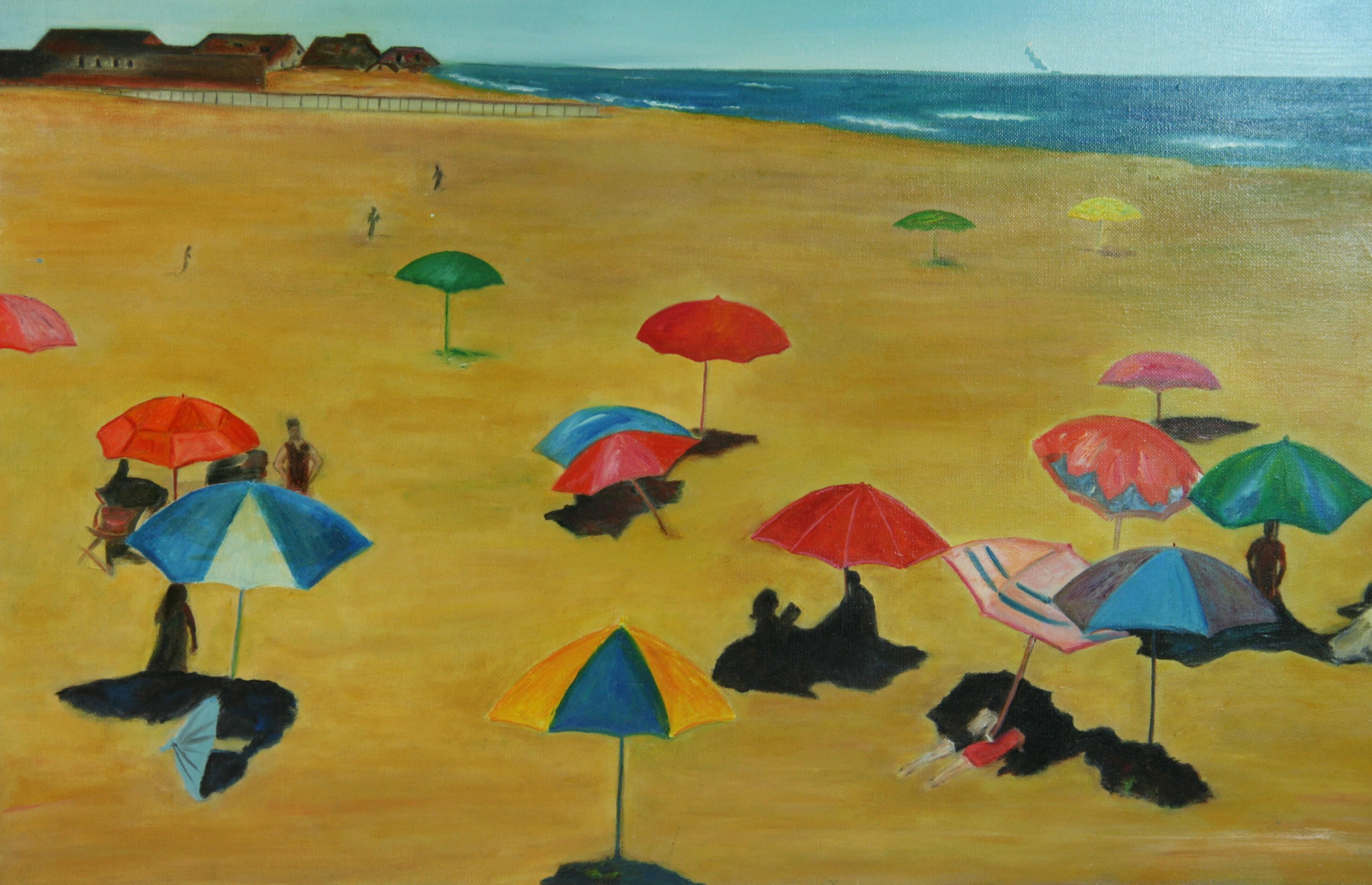 Italian Umbrellas on the Beach Seaside  Large Oil Landscape 1970's - Brown Landscape Painting by Unknown